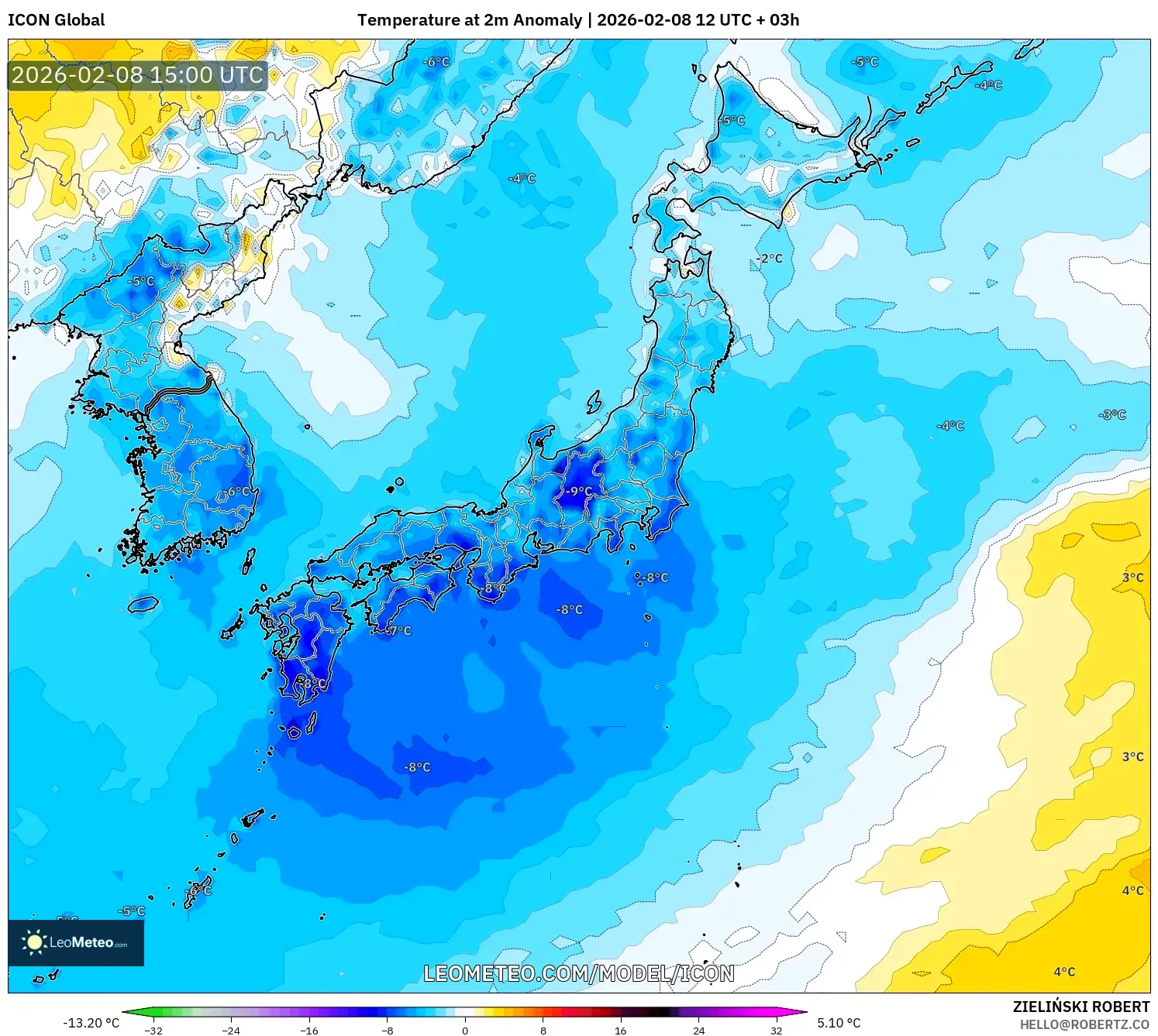 ICON model - Japan, Temperature at 2m Anomaly