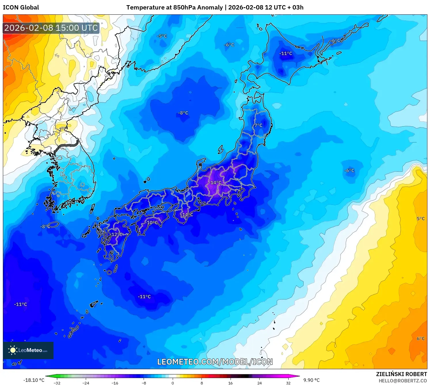 ICON model - Japan, Temperature at 850hPa Anomaly