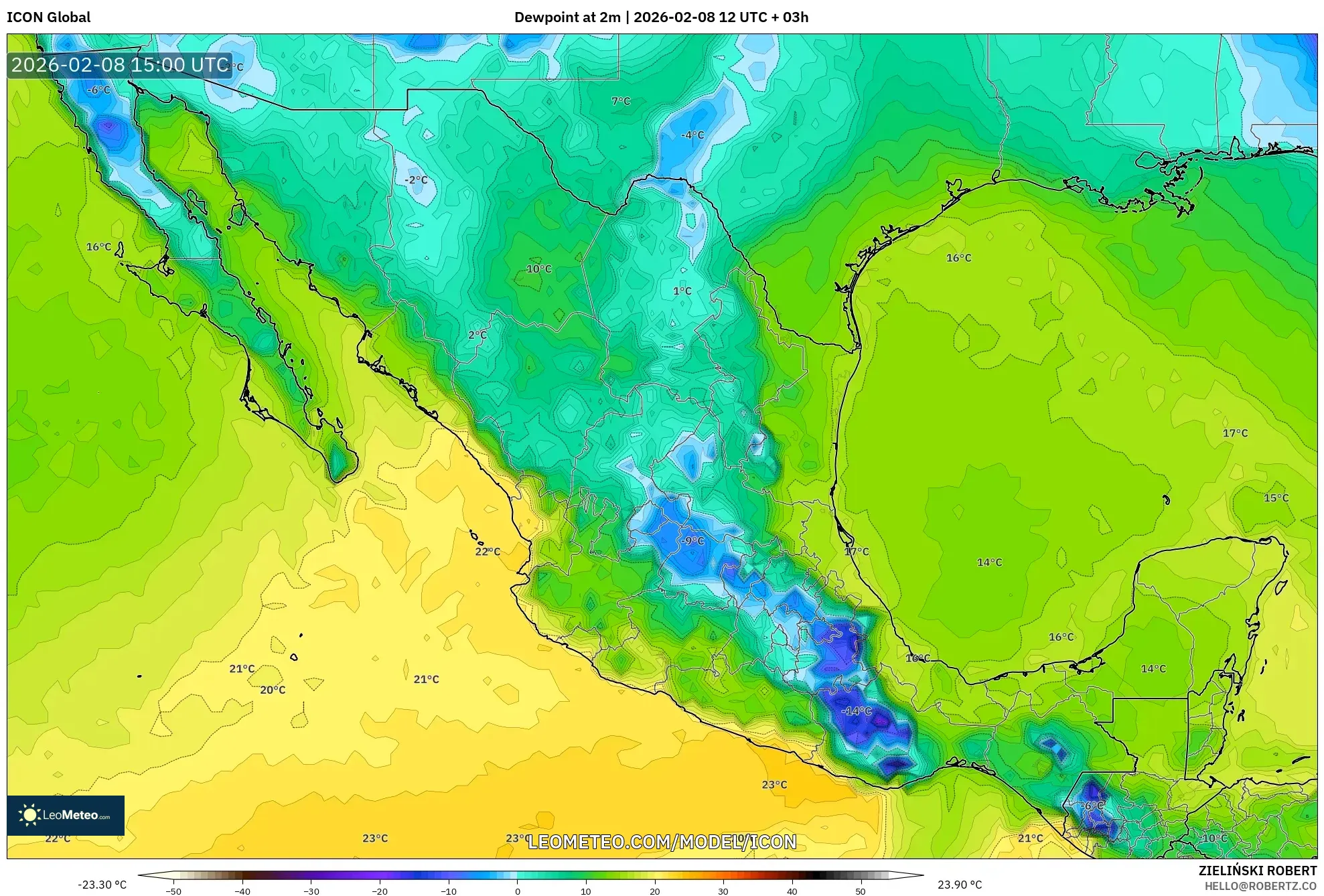 ICON model - Mexico, Dewpoint at 2m