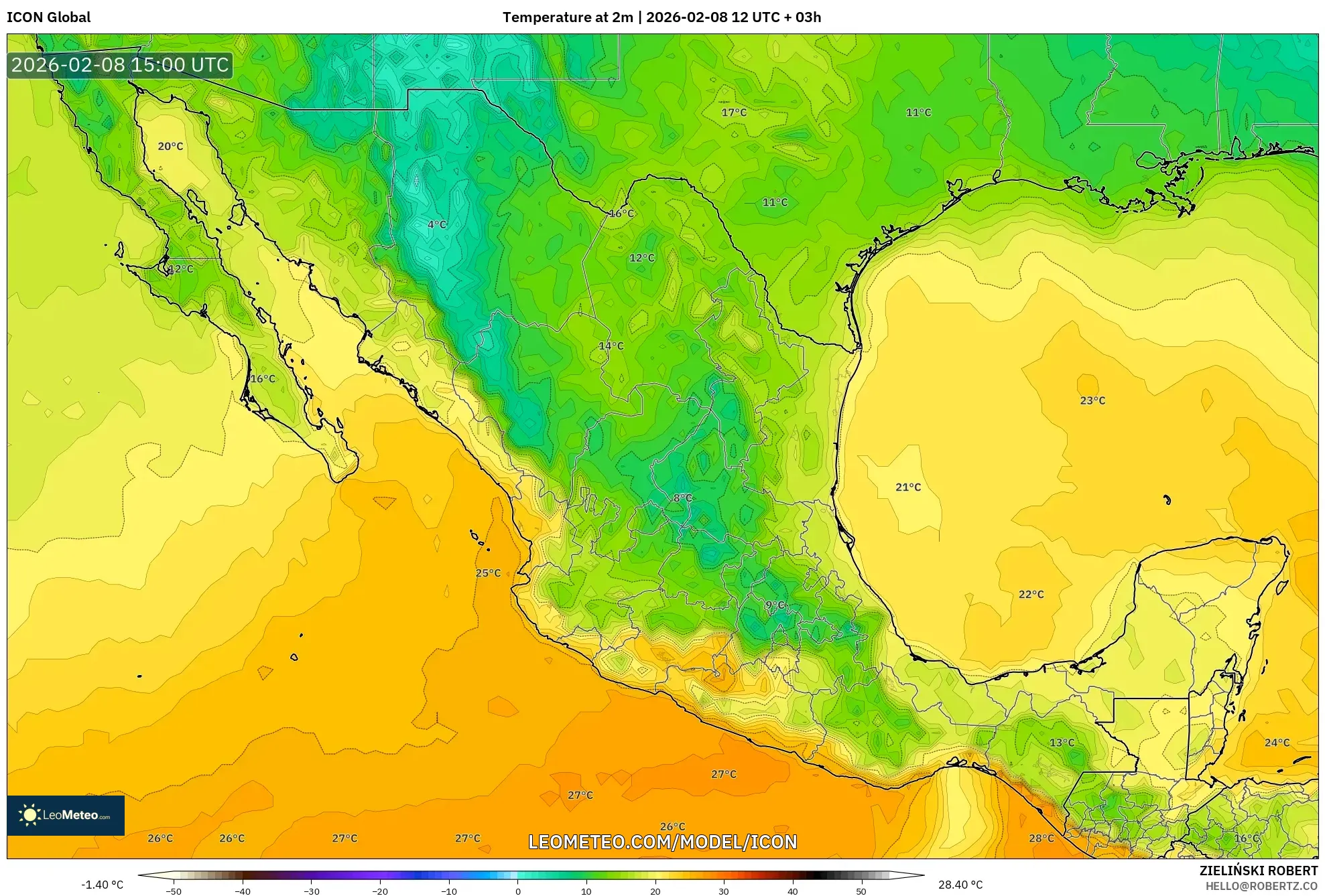 ICON model - Mexico, Temperature at 2m
