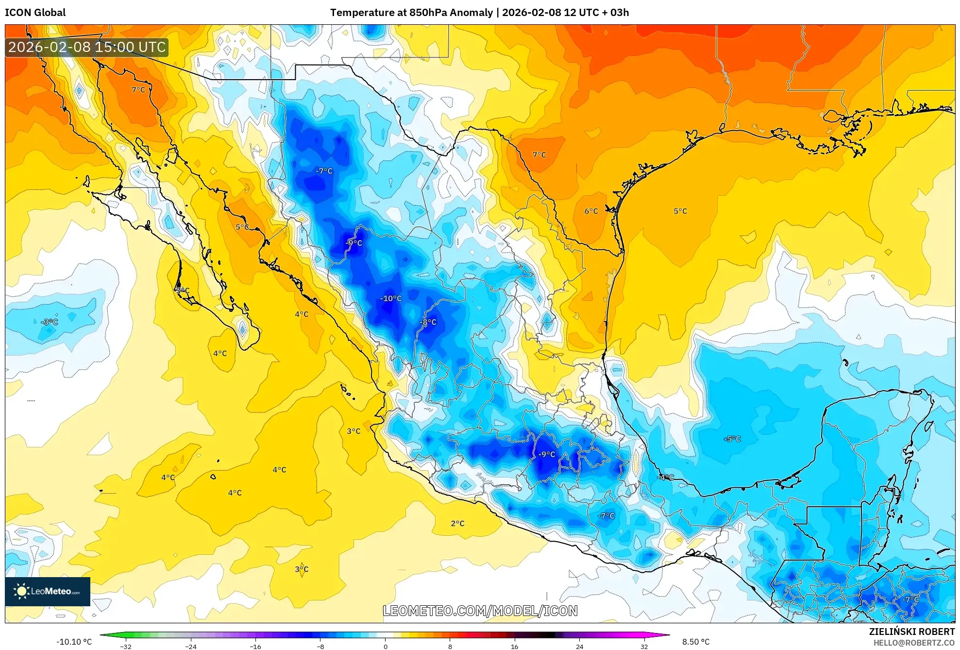 ICON model - Mexico, Temperature at 850hPa Anomaly