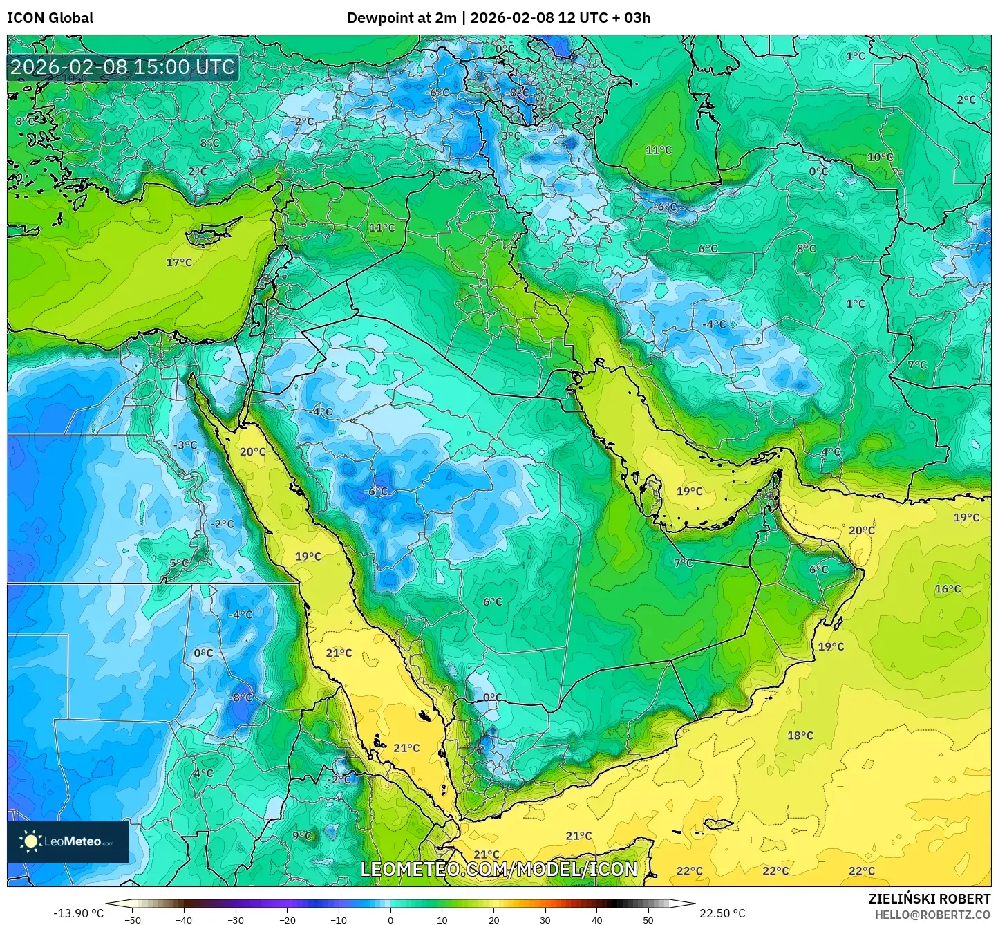 ICON model - Middle East, Dewpoint at 2m