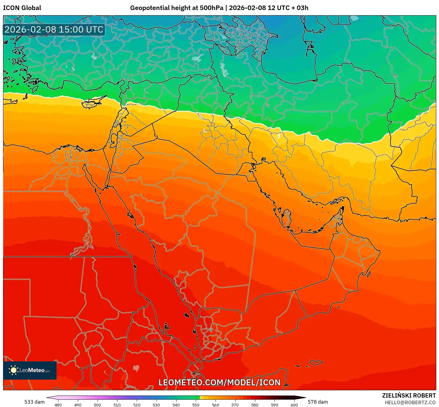 ICON model - Middle East, Geopotential height at 500hPa
