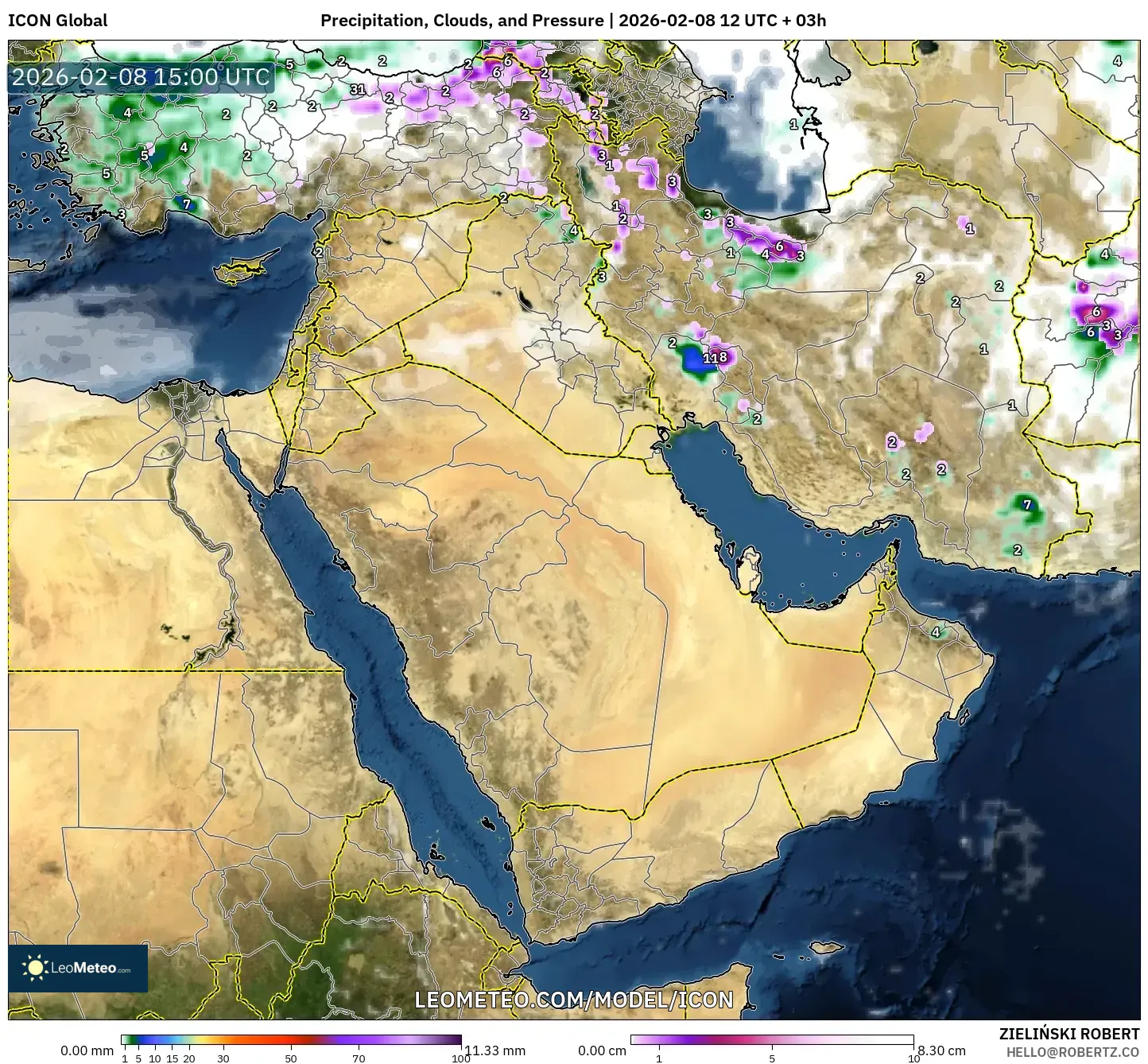 ICON model - Middle East, Precipitation, Clouds, and Pressure