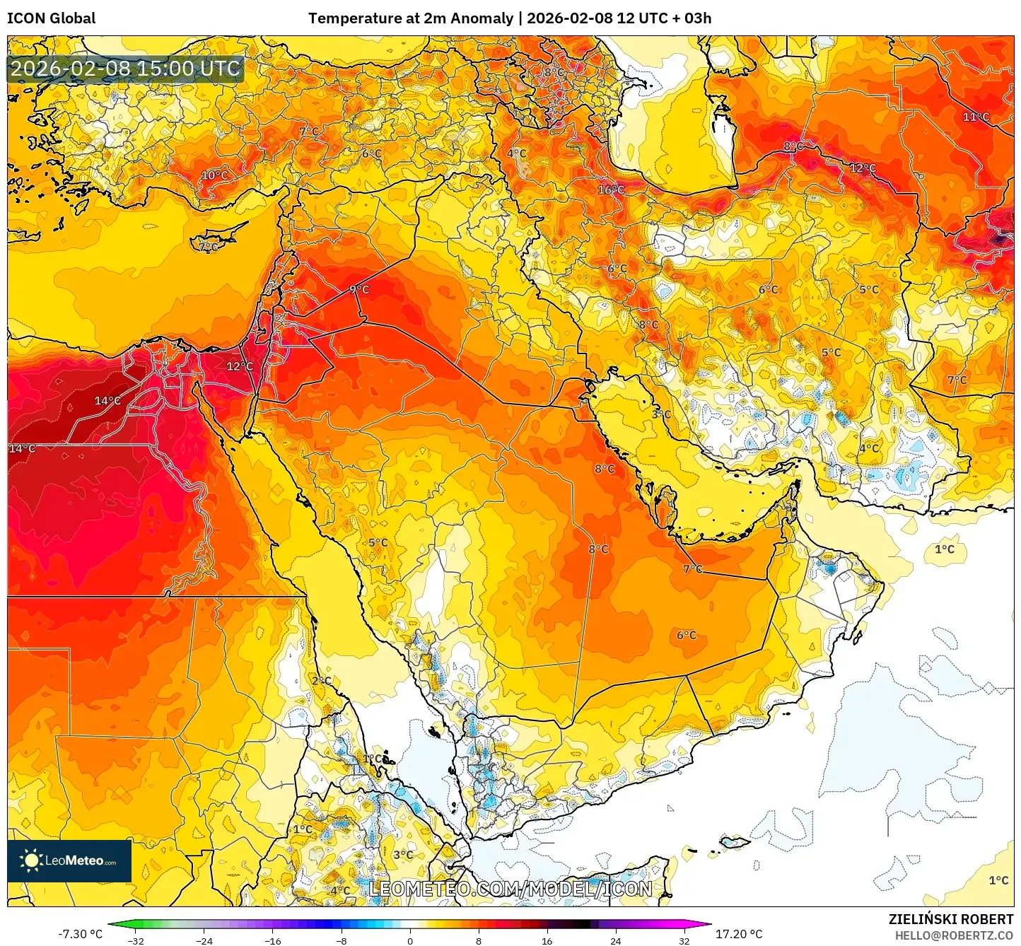 ICON model - Middle East, Temperature at 2m Anomaly