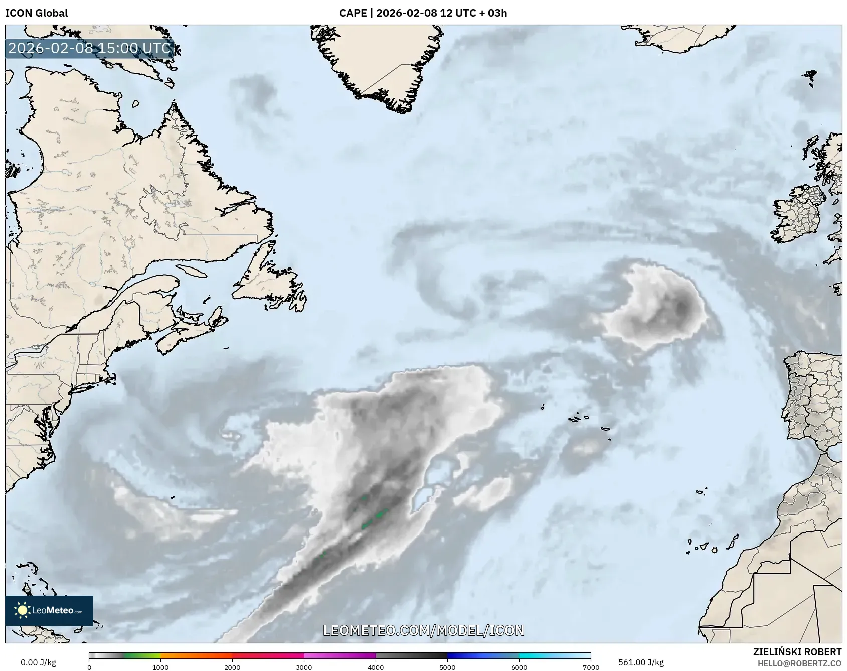 ICON model - North Atlantic, CAPE
