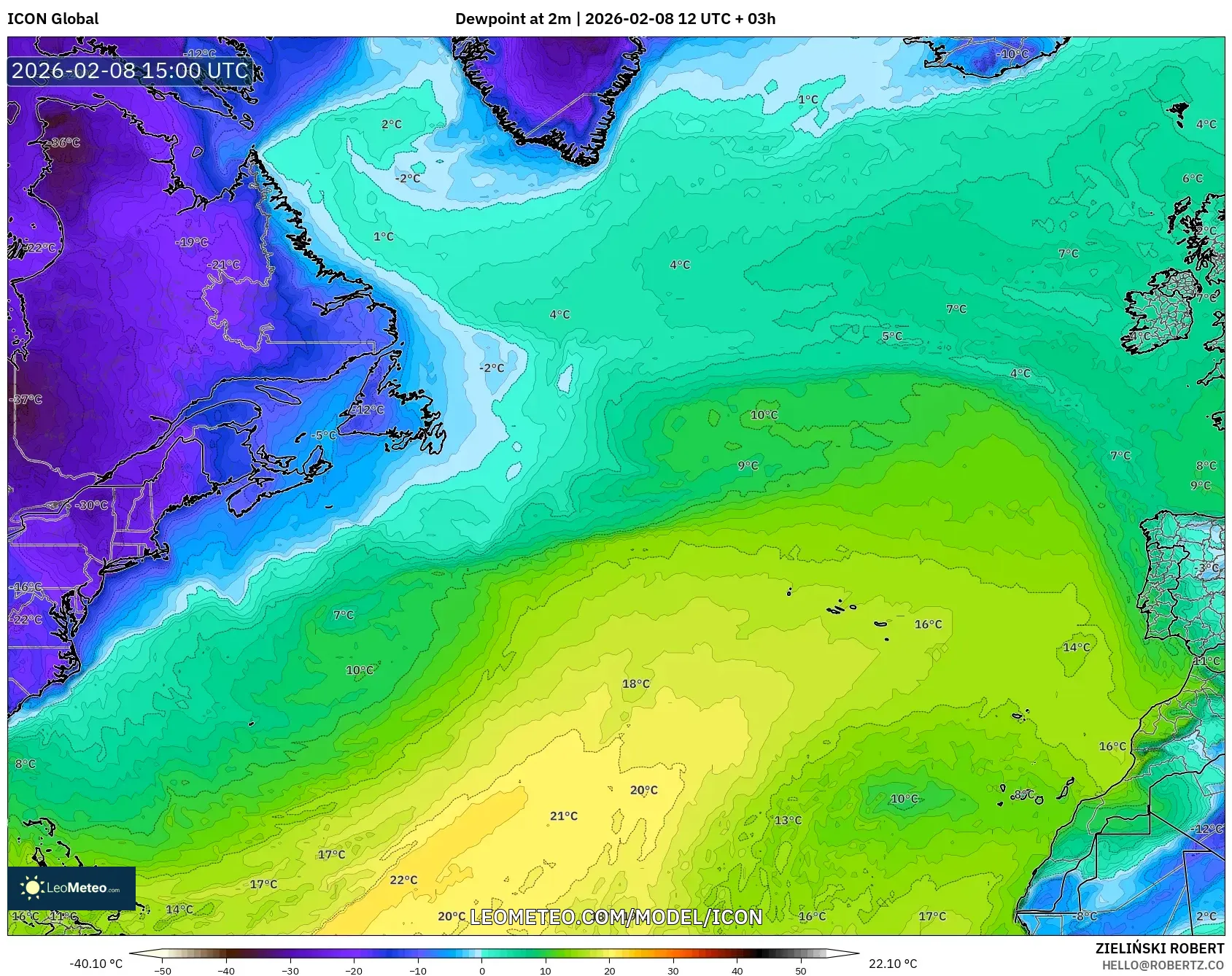 ICON model - North Atlantic, Dewpoint at 2m