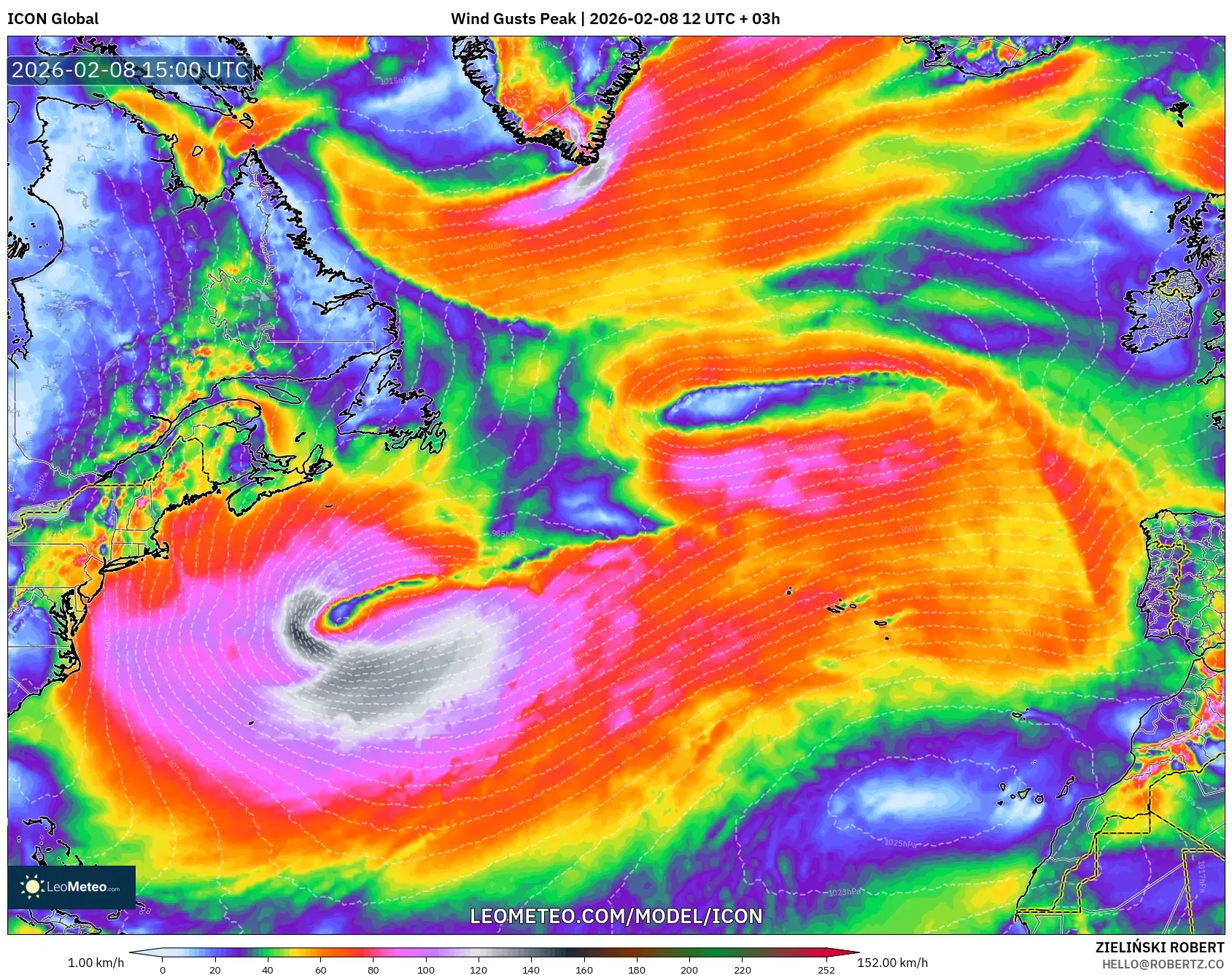 ICON model - North Atlantic, Wind Gusts Peak