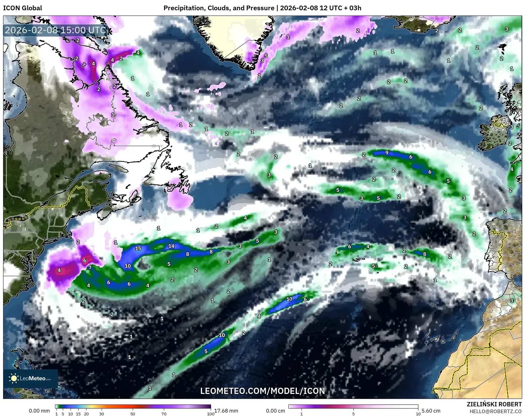 ICON model - North Atlantic, Precipitation, Clouds, and Pressure