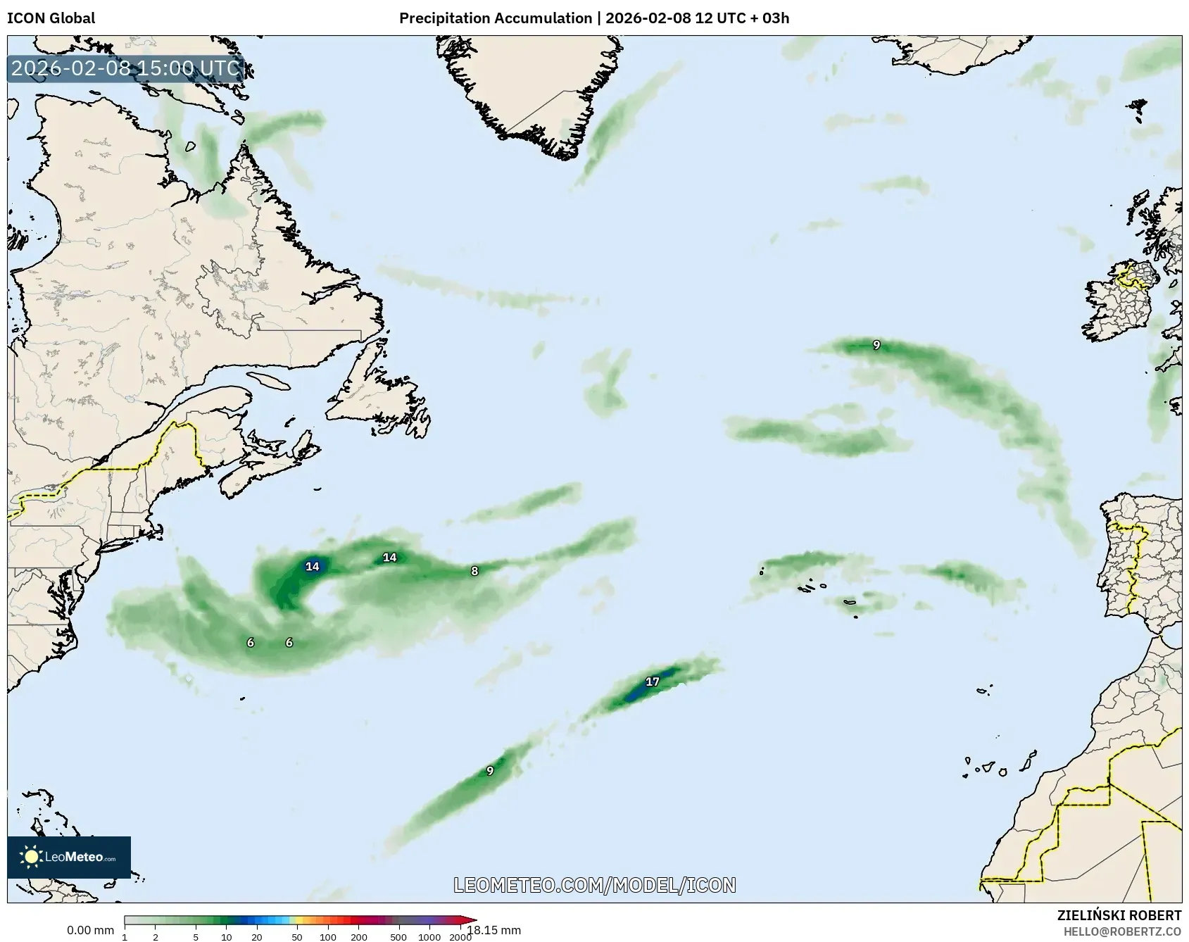 ICON model - North Atlantic, Precipitation Accumulation