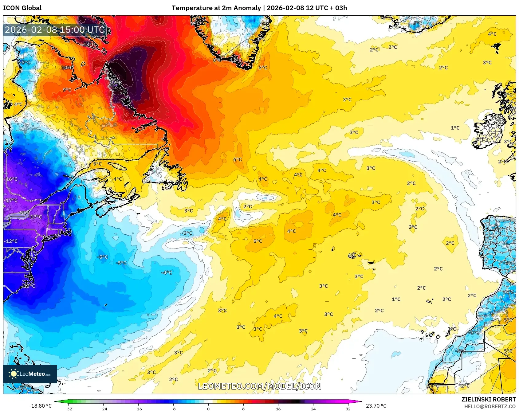 ICON model - North Atlantic, Temperature at 2m Anomaly