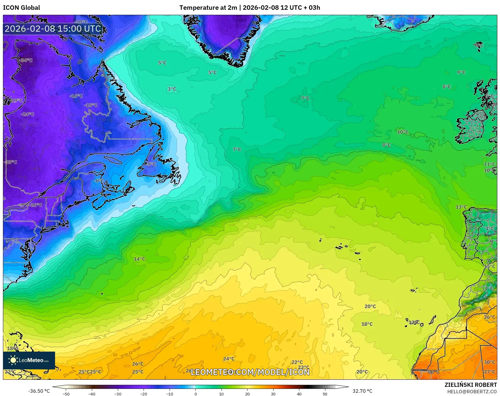 ICON model - North Atlantic, Temperature at 2m