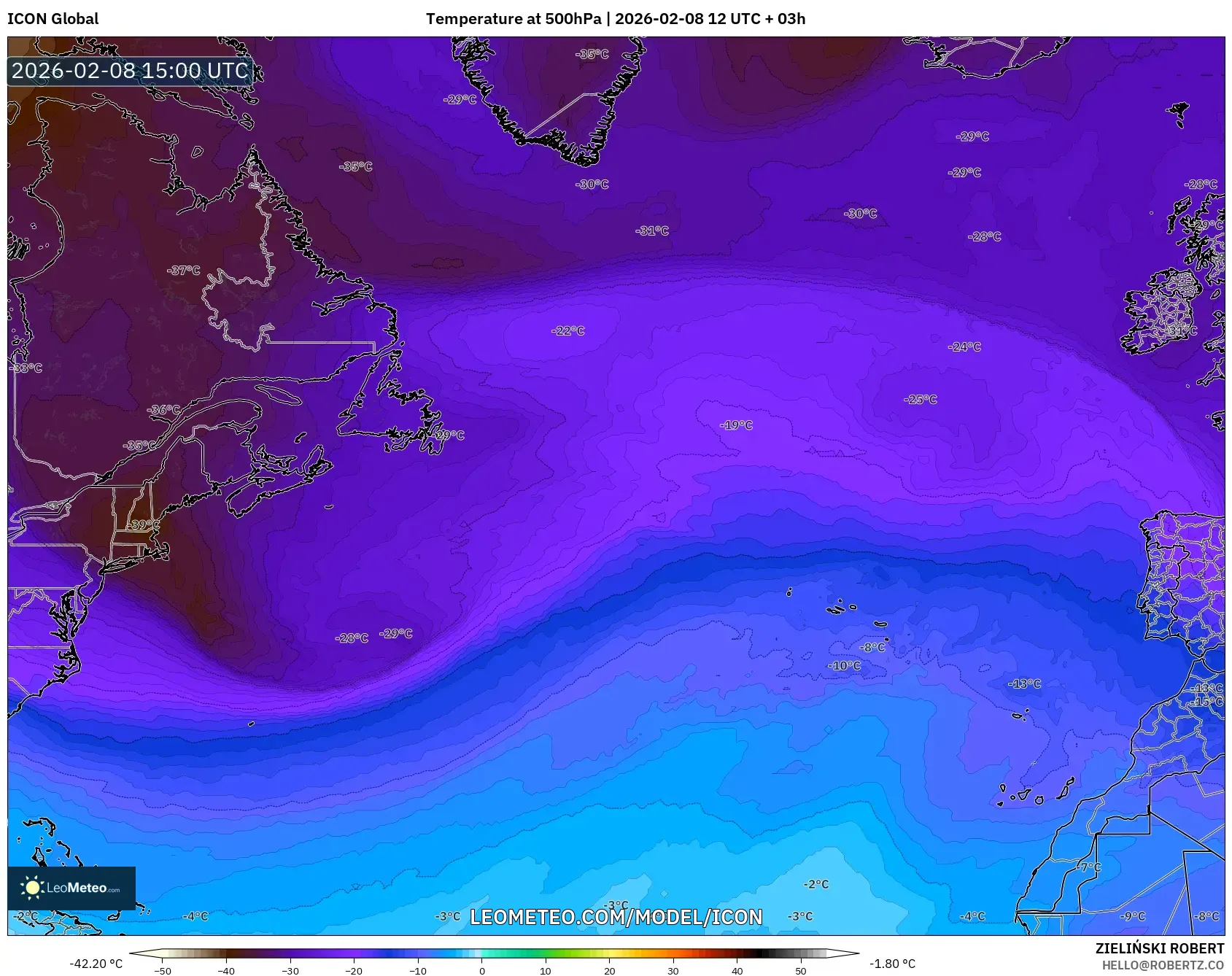 ICON model - North Atlantic, Temperature at 500hPa