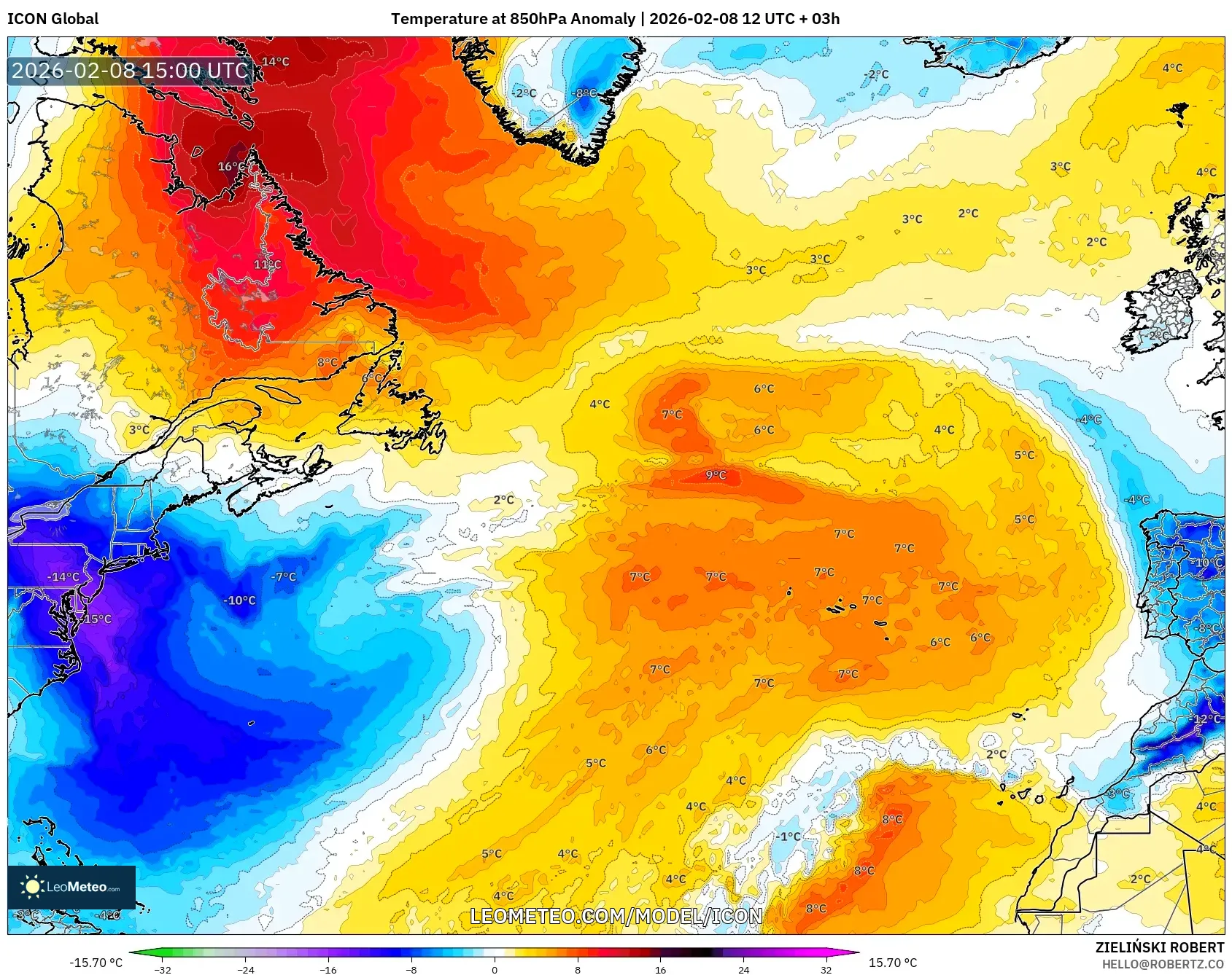 ICON model - North Atlantic, Temperature at 850hPa Anomaly