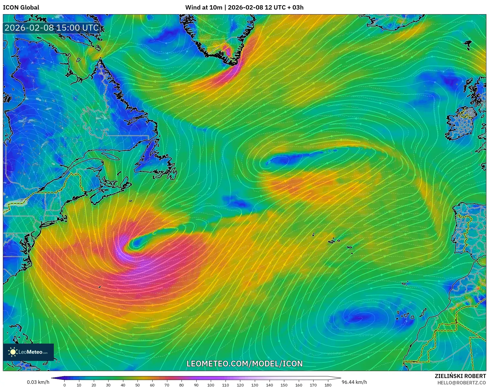 ICON model - North Atlantic, Wind at 10m