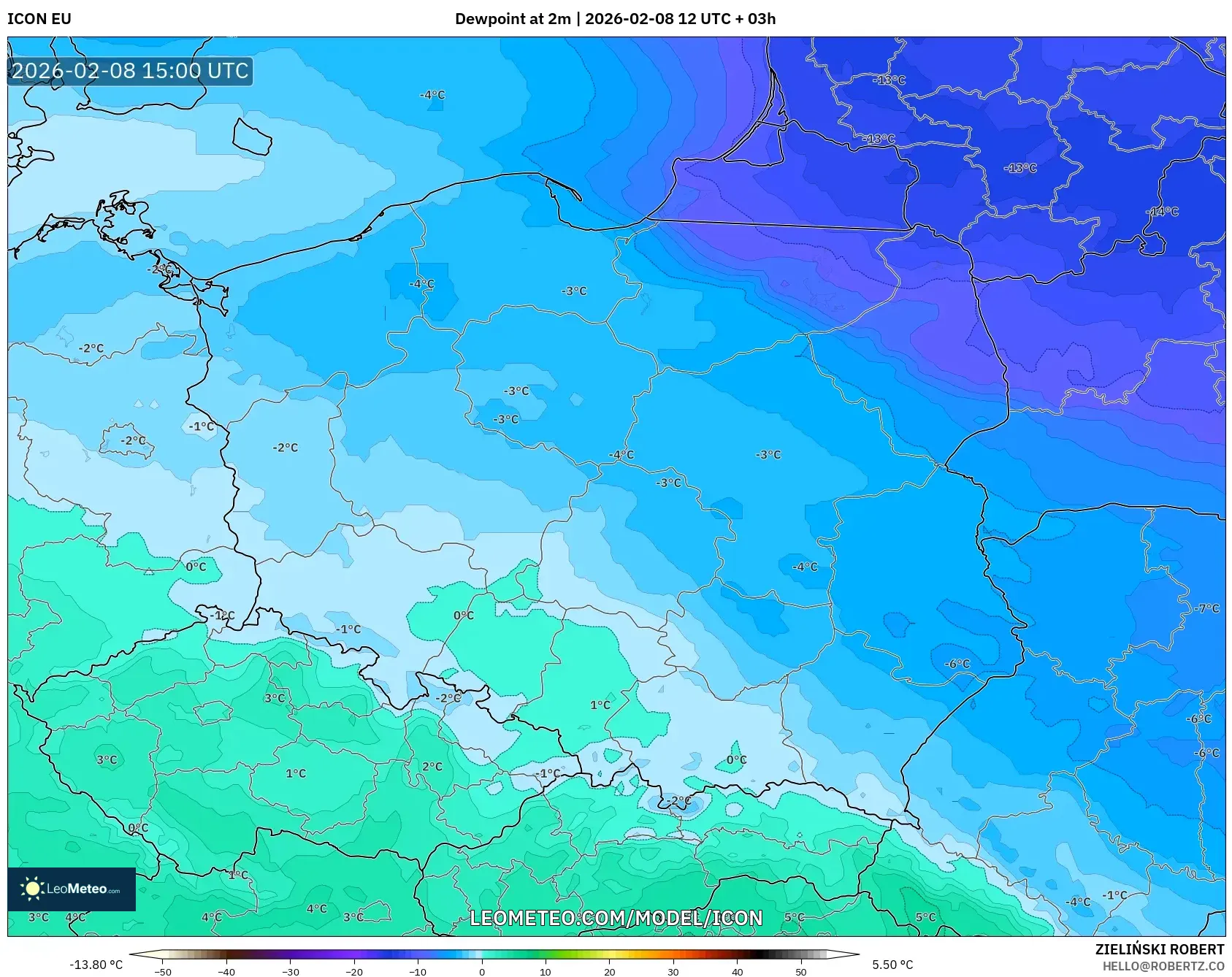 ICON model - Poland, Dewpoint at 2m