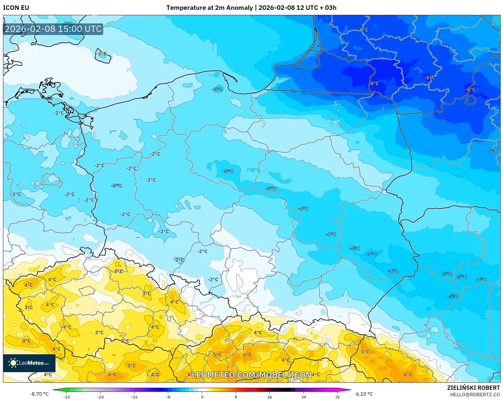 ICON model - Poland, Temperature at 2m Anomaly