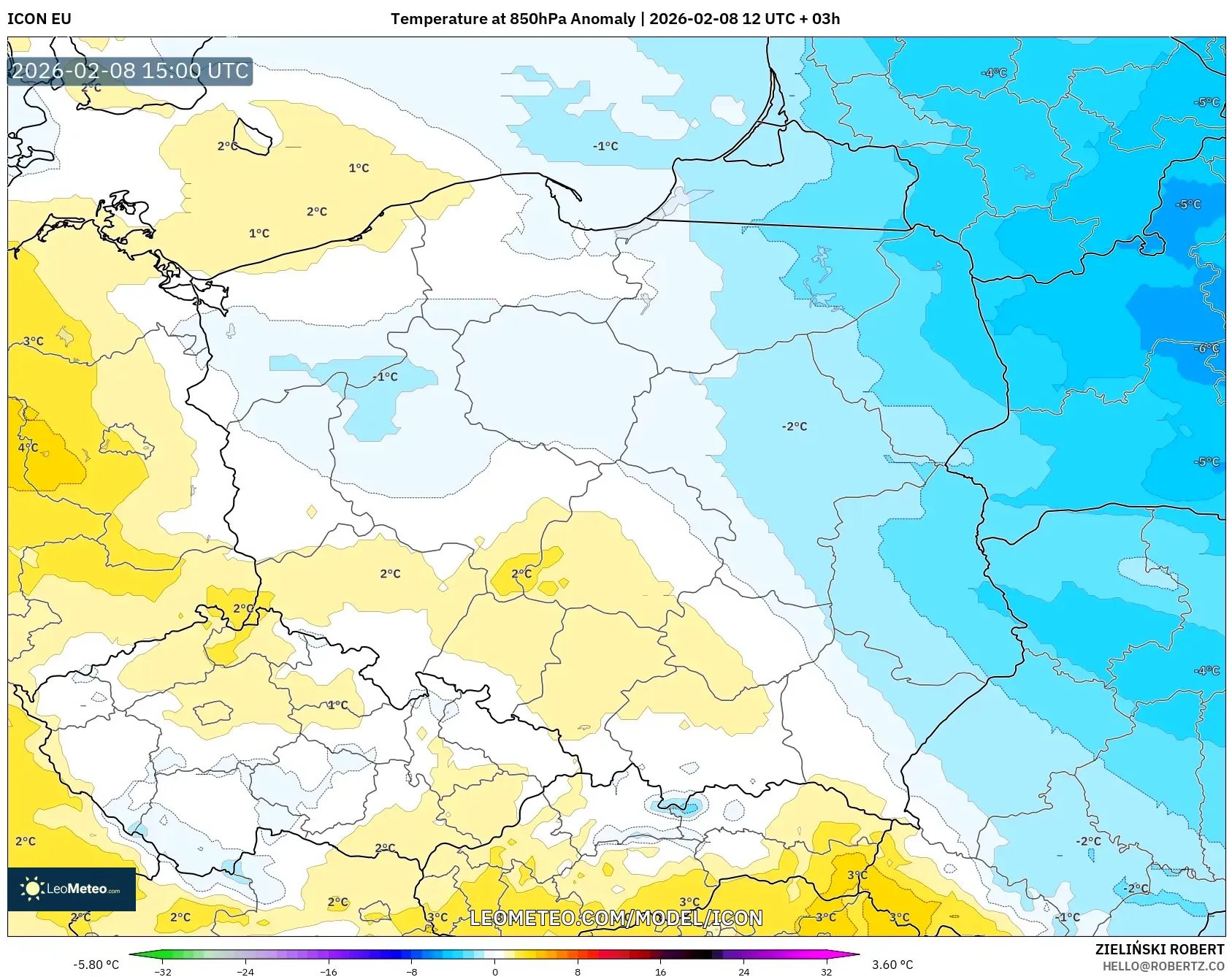 ICON model - Poland, Temperature at 850hPa Anomaly