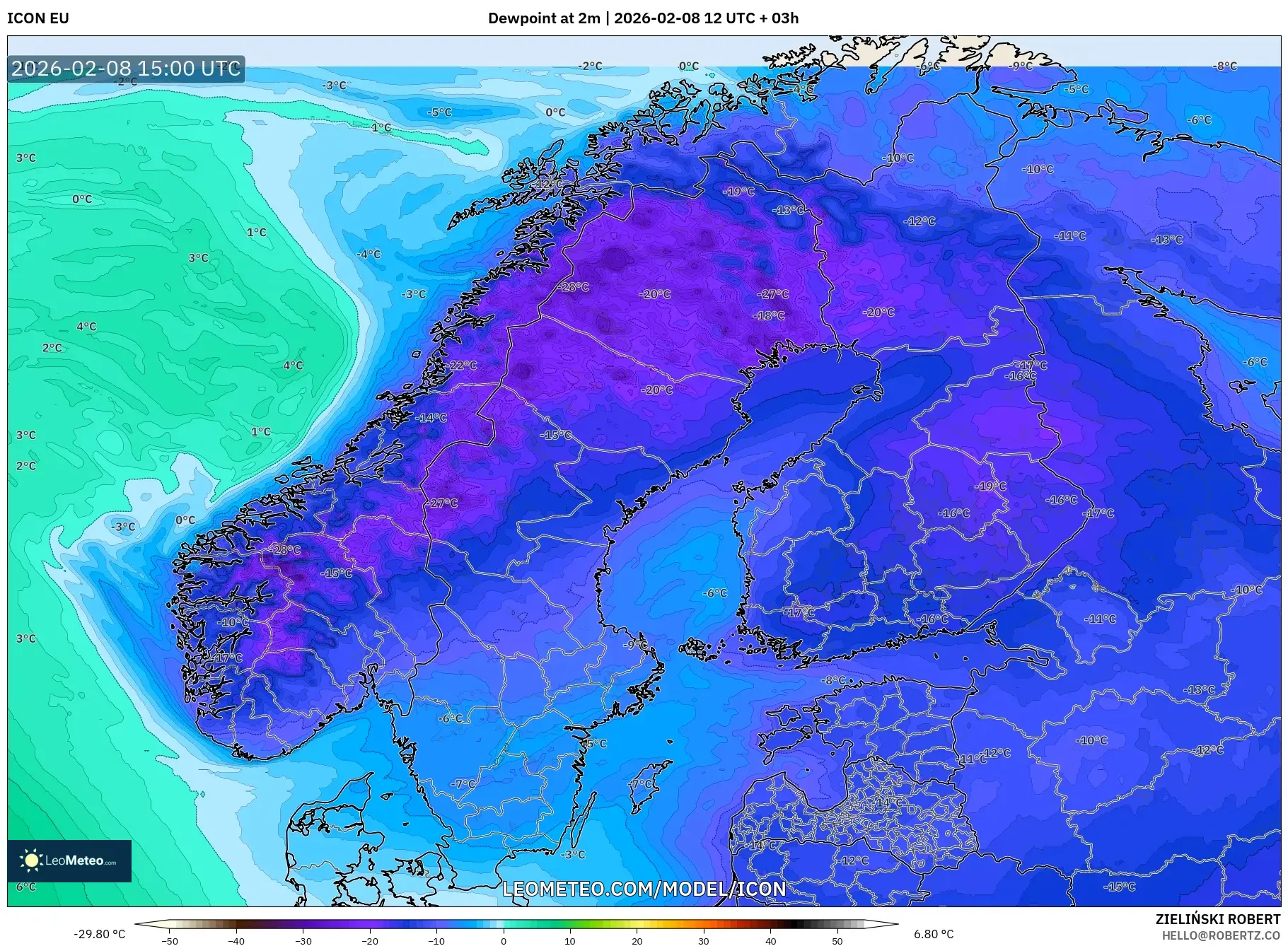 ICON model - Scandinavia, Dewpoint at 2m