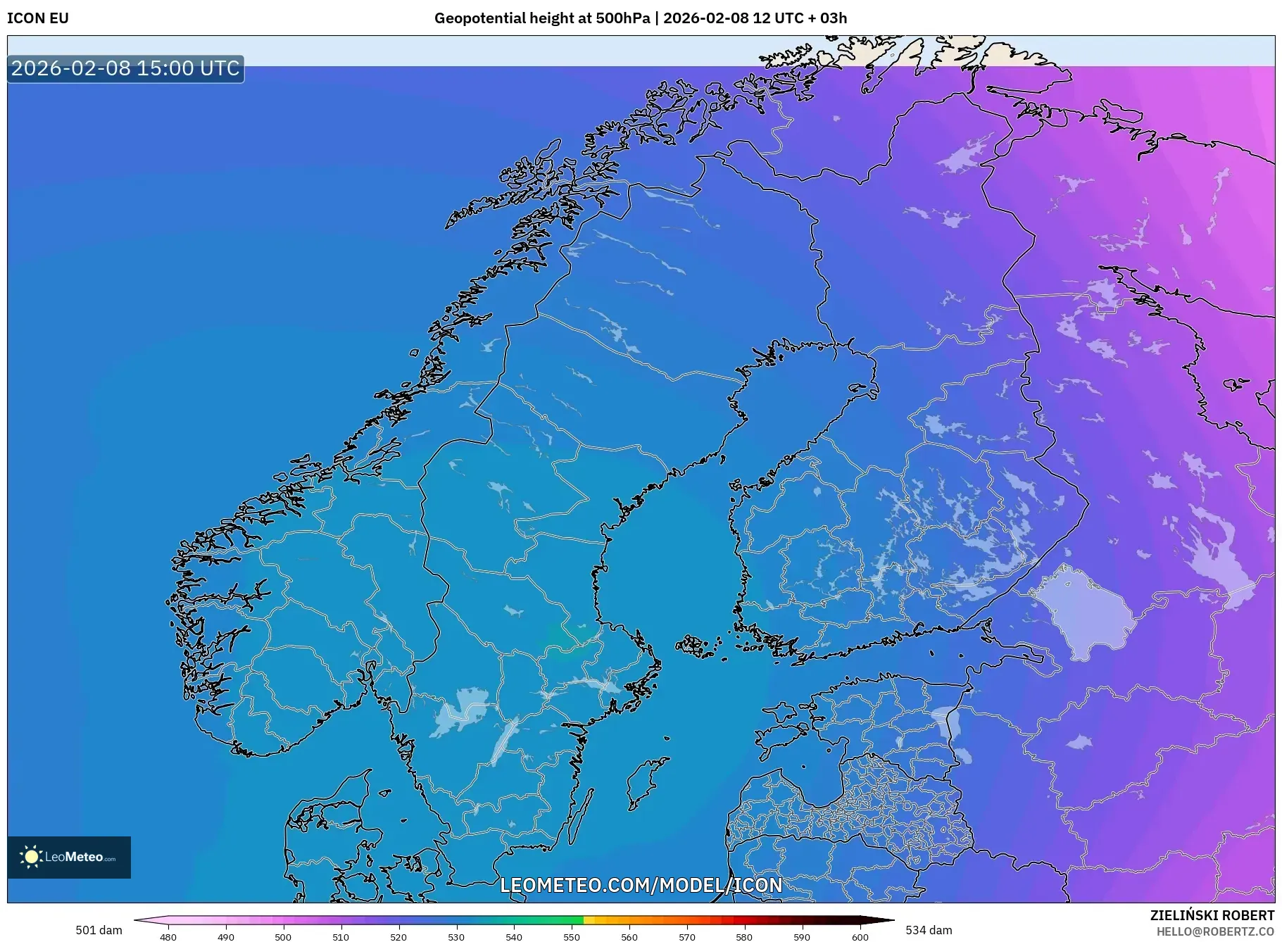 ICON model - Scandinavia, Geopotential height at 500hPa