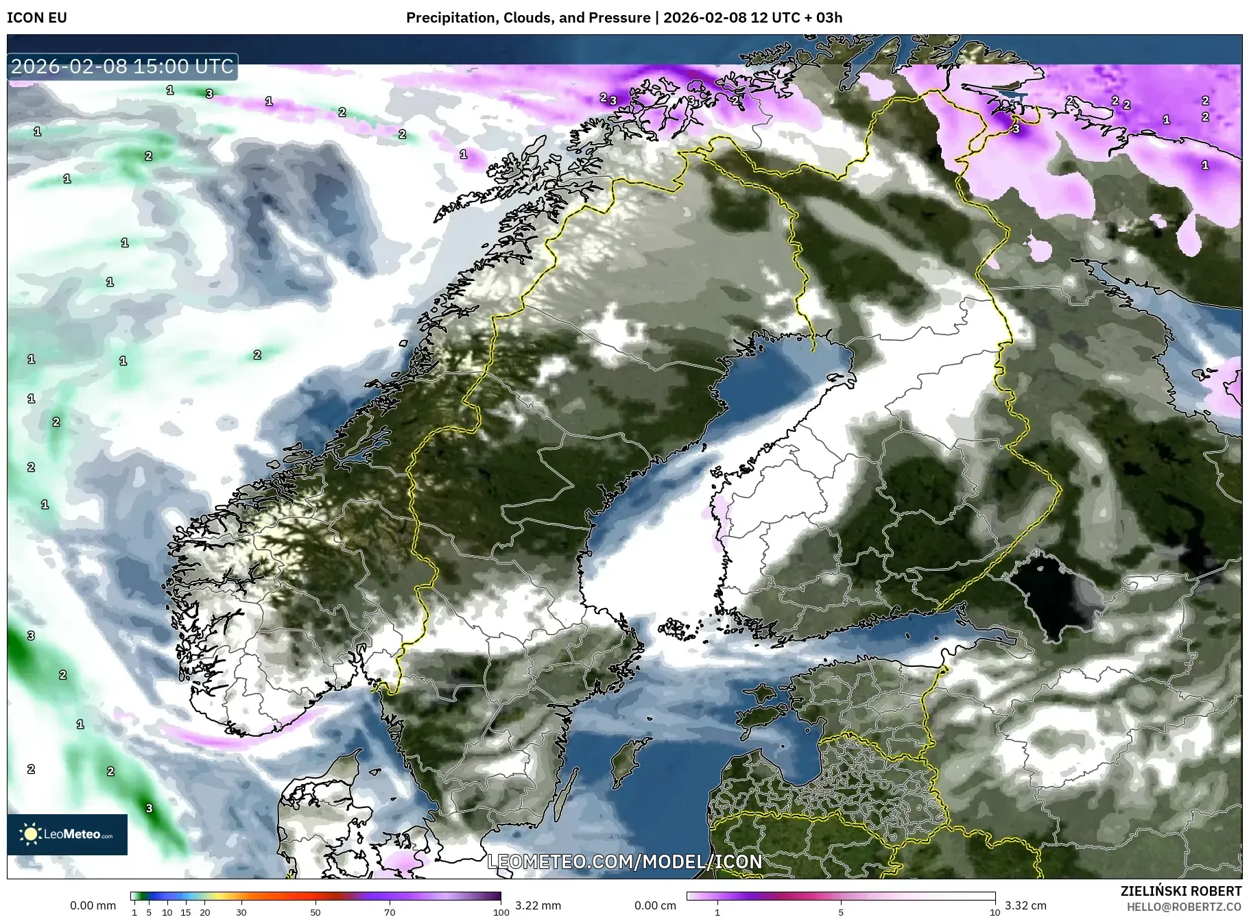 ICON model - Scandinavia, Precipitation, Clouds, and Pressure