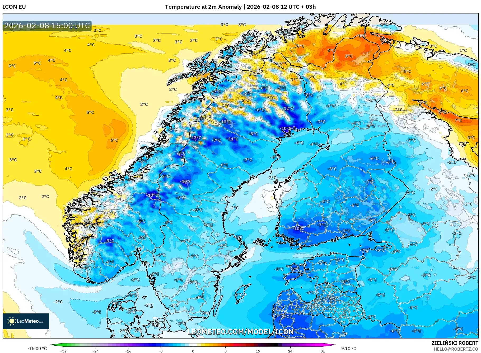 ICON model - Scandinavia, Temperature at 2m Anomaly