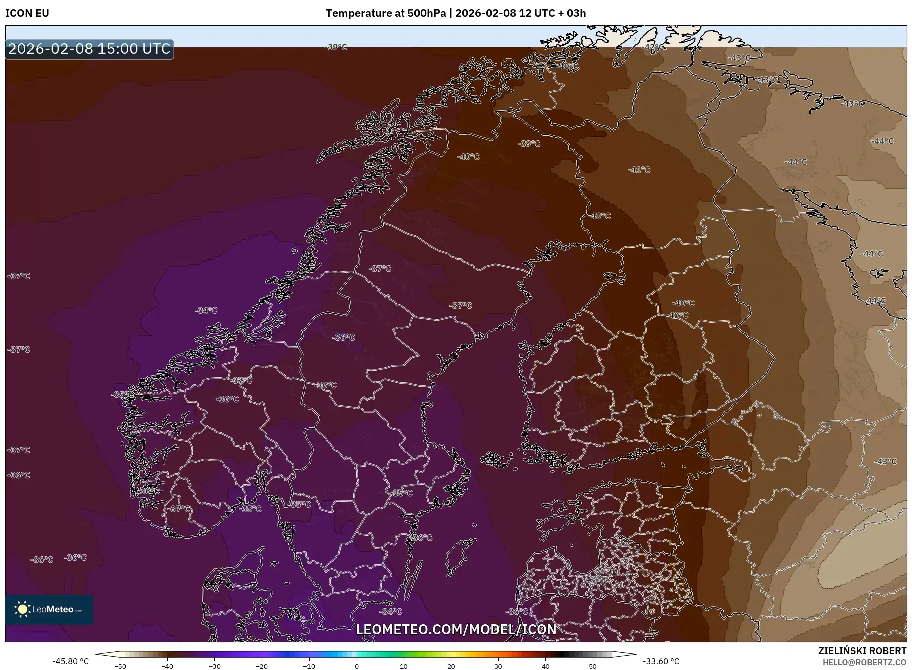 ICON model - Scandinavia, Temperature at 500hPa