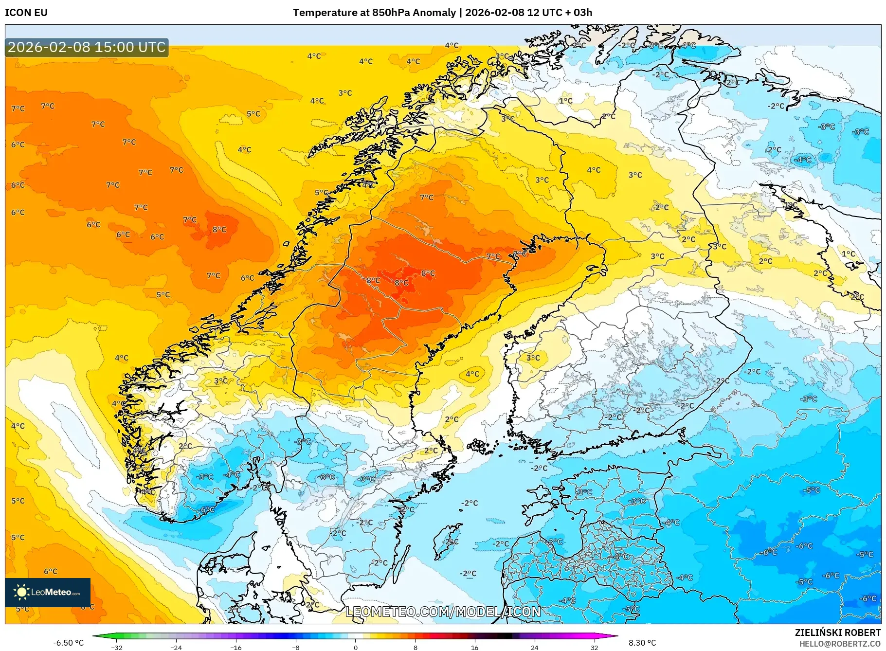 ICON model - Scandinavia, Temperature at 850hPa Anomaly