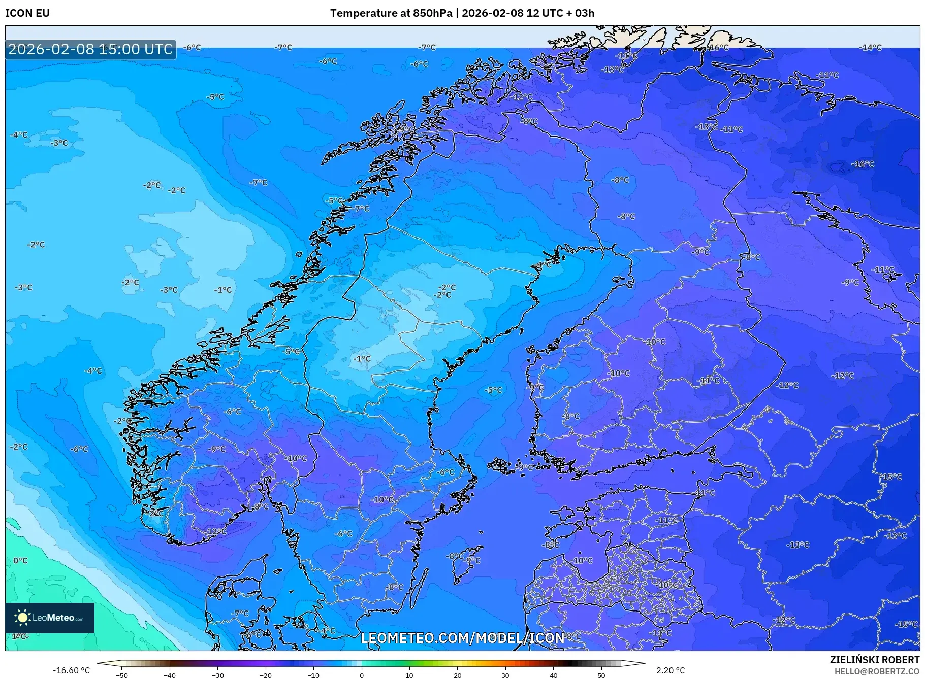 ICON model - Skandinavia, Suhu 850 hPa