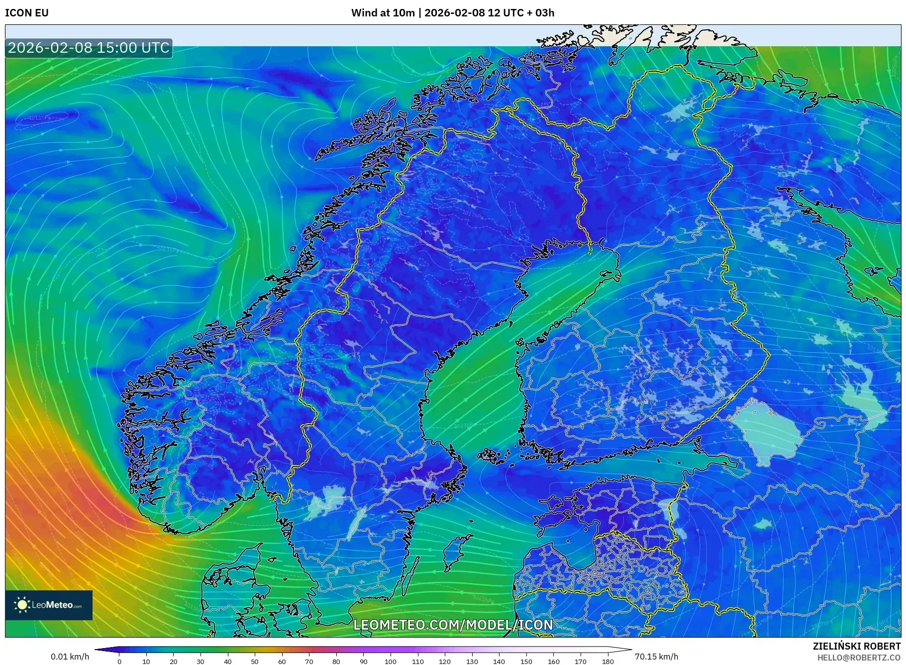 ICON model - Scandinavia, Wind at 10m