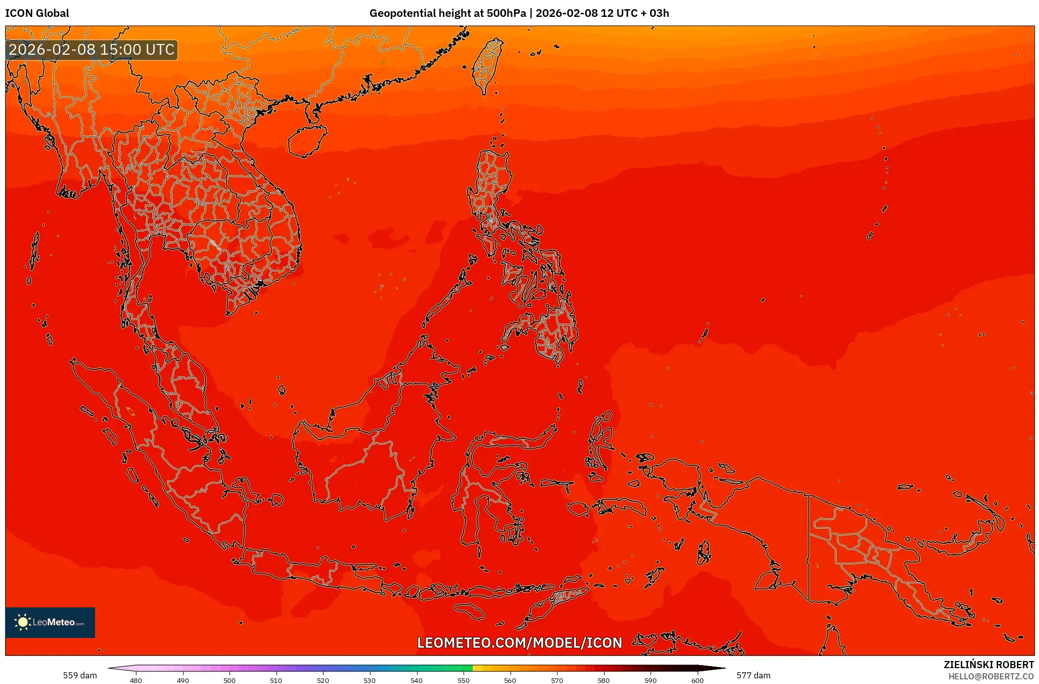 ICON model - South East Asia, Geopotential height at 500hPa