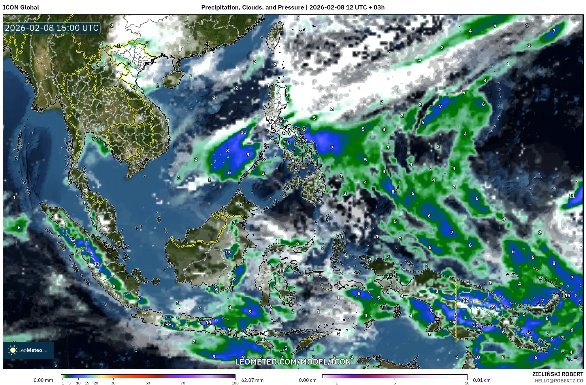 ICON model - South East Asia, Precipitation, Clouds, and Pressure