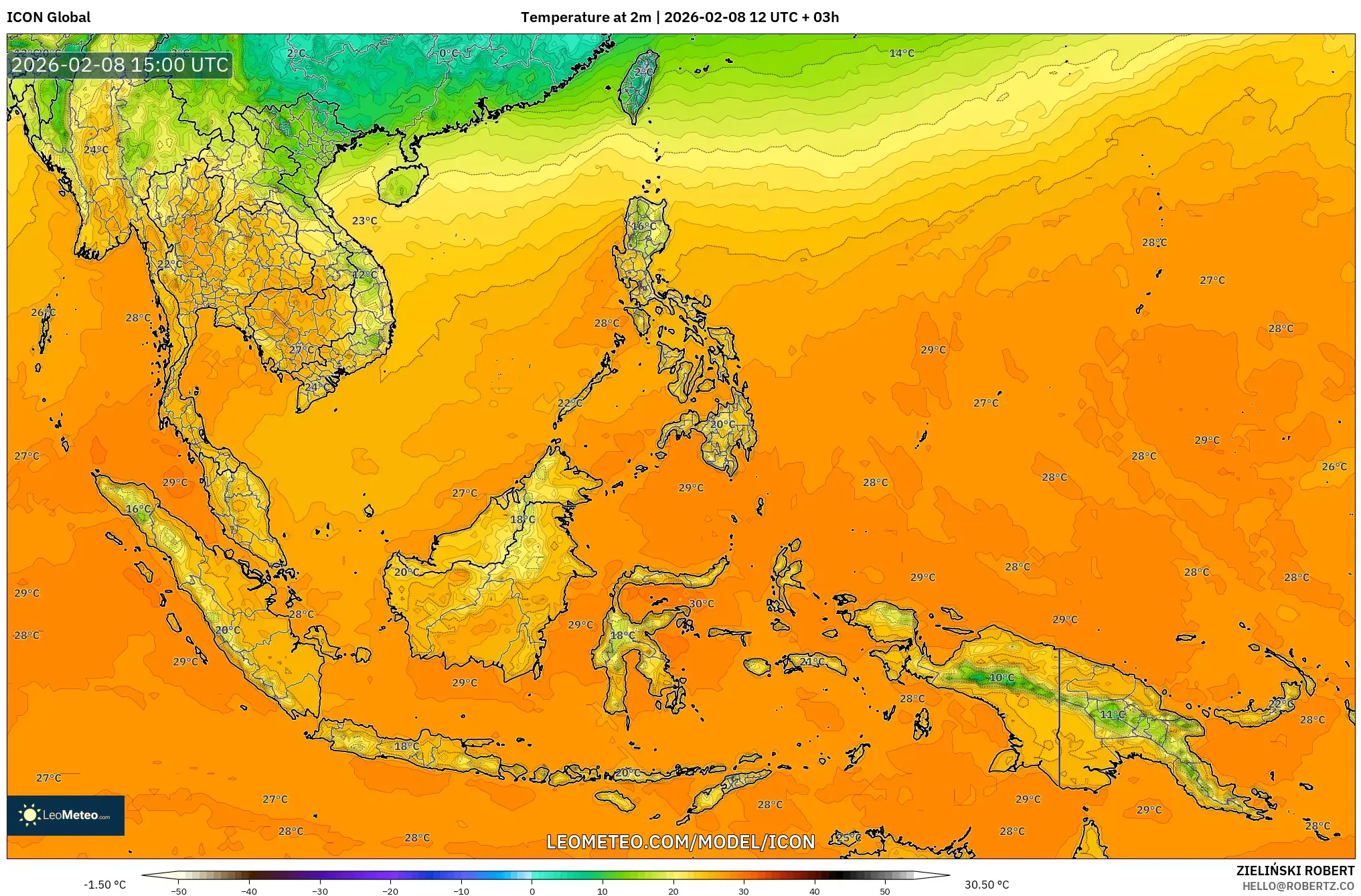 ICON model - South East Asia, Temperature at 2m