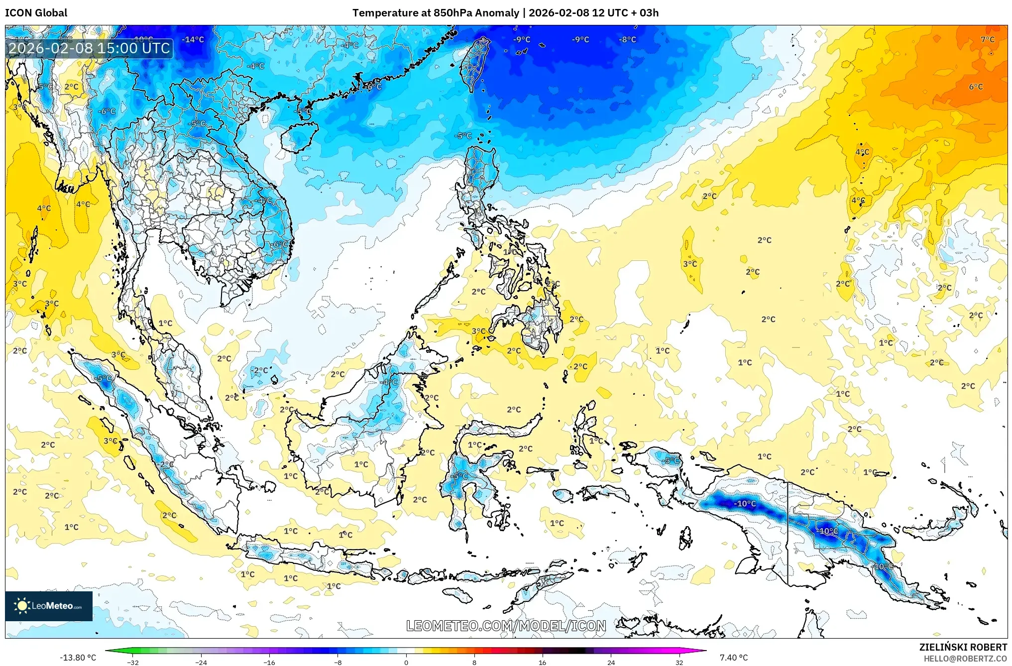 ICON model - South East Asia, Temperature at 850hPa Anomaly