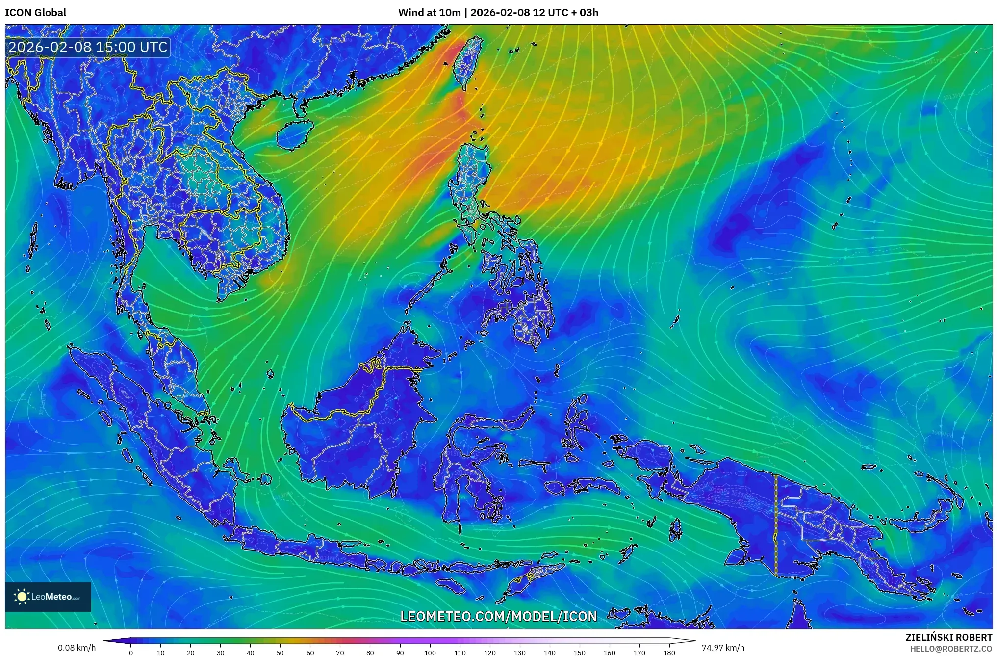 ICON model - South East Asia, Wind at 10m