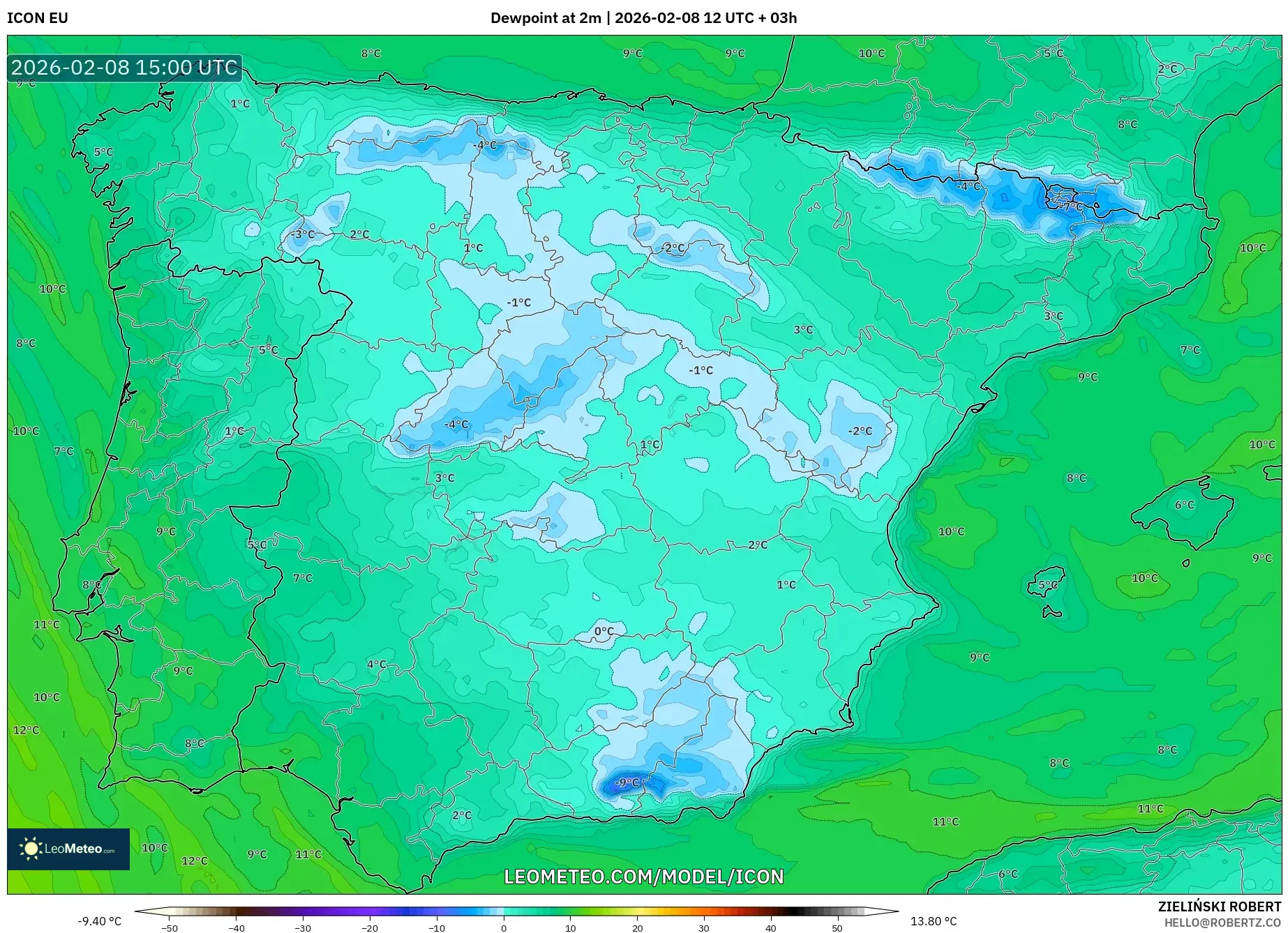 ICON model - Spain, Dewpoint at 2m