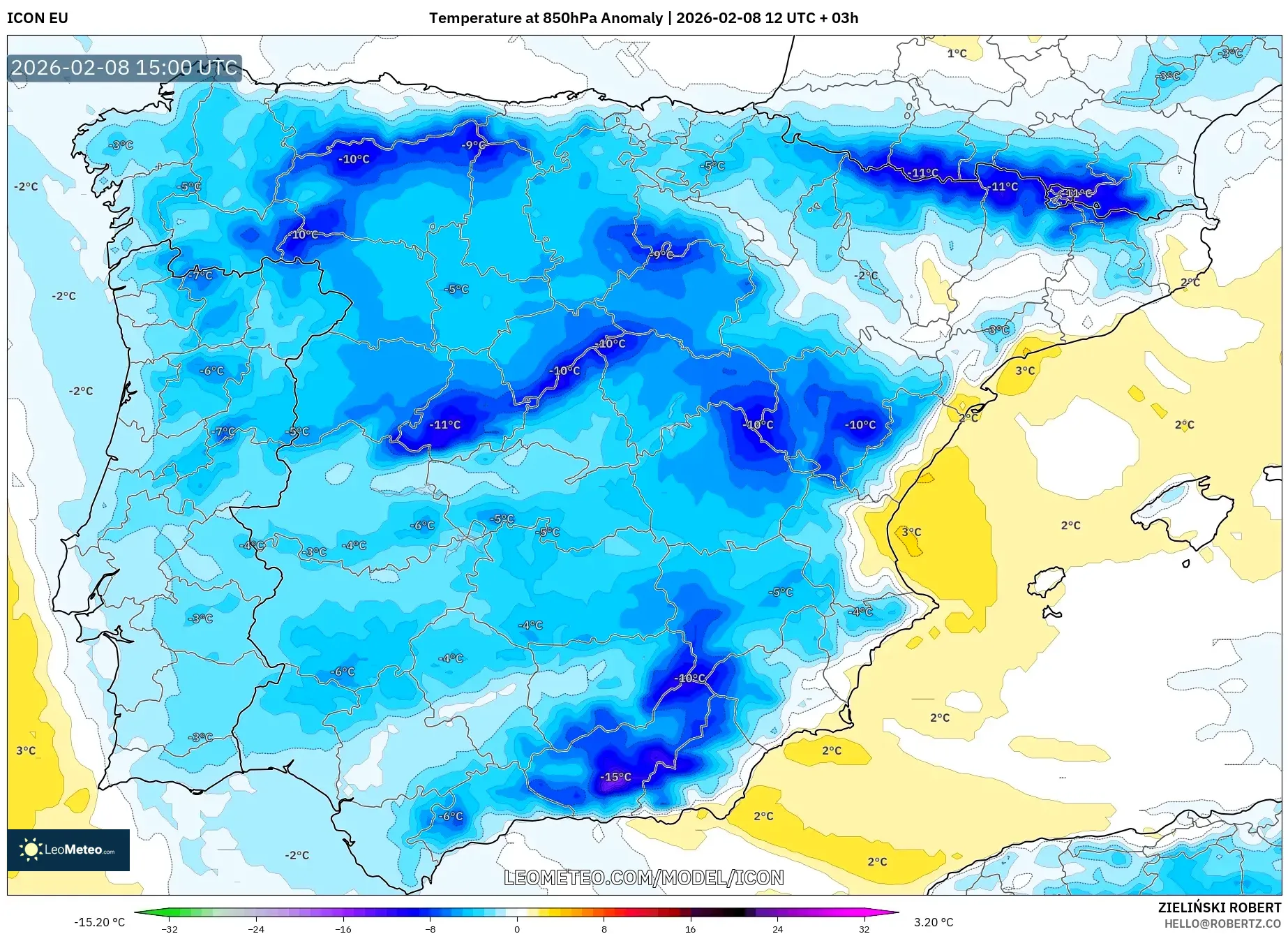 ICON model - Spain, Temperature at 850hPa Anomaly
