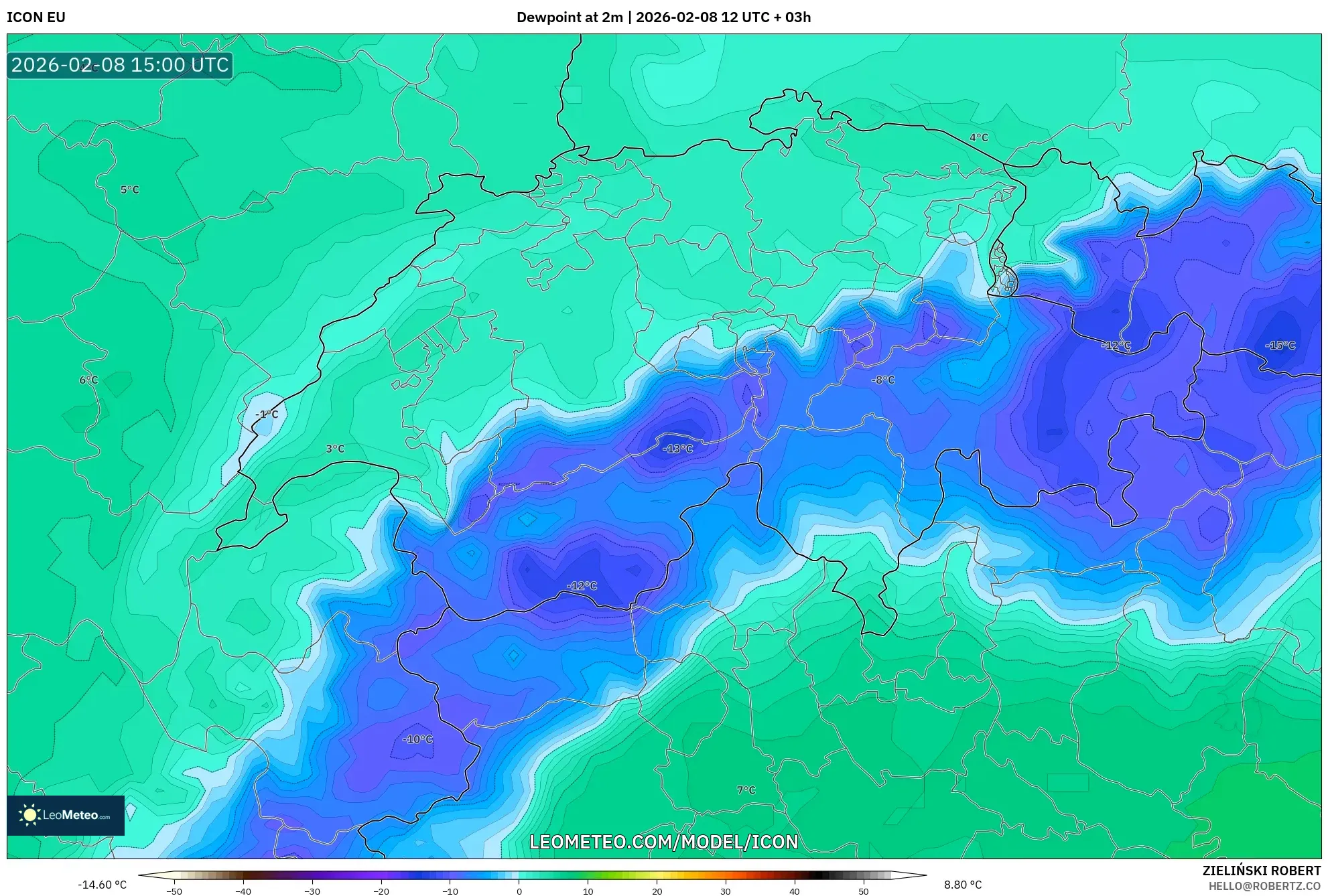 ICON model - Switzerland, Dewpoint at 2m