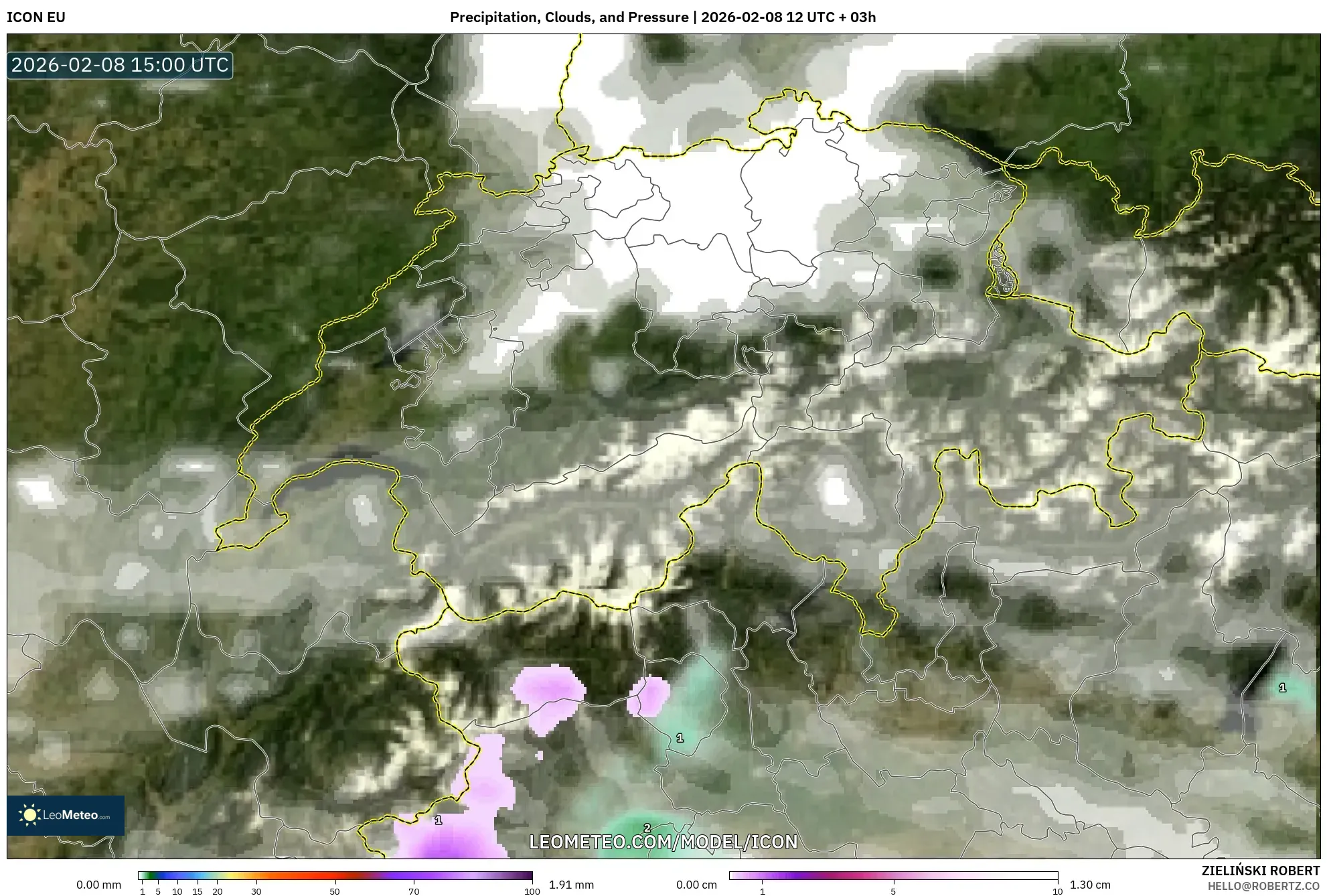 ICON model - Switzerland, Precipitation, Clouds, and Pressure