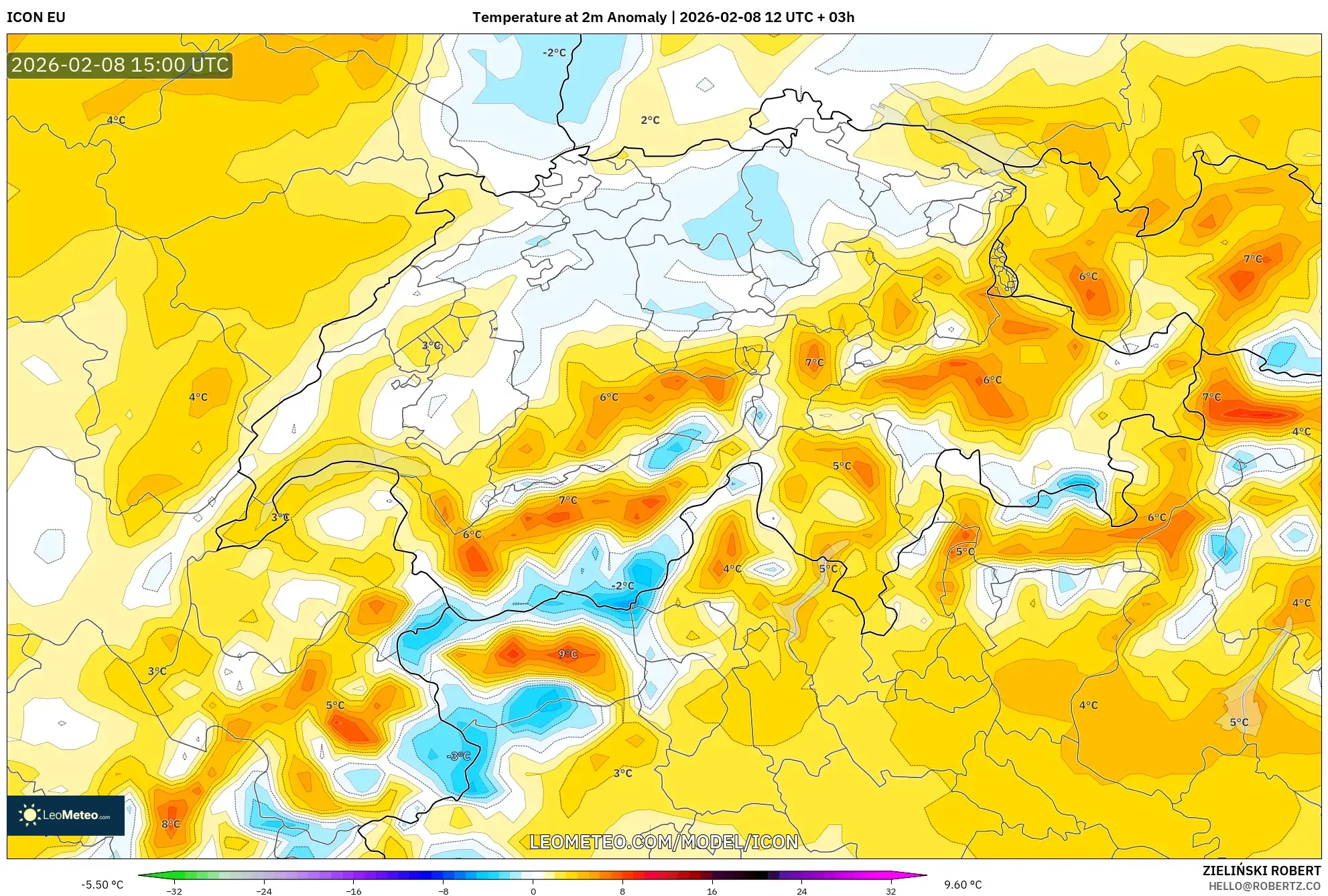 ICON model - Switzerland, Temperature at 2m Anomaly
