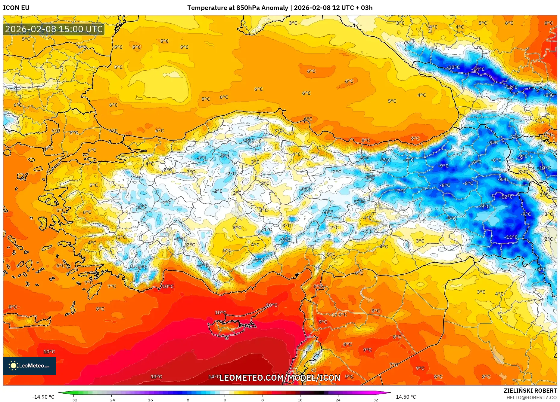 ICON model - Turkey, Temperature at 850hPa Anomaly
