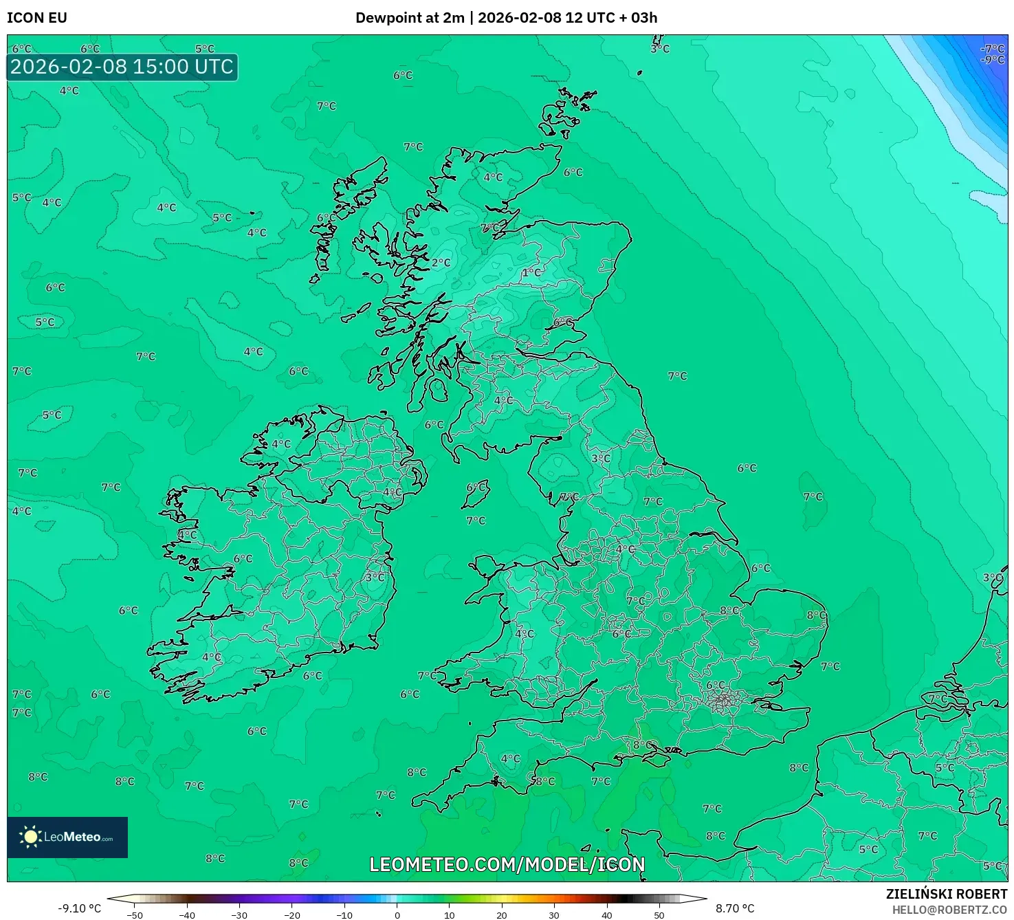 ICON model - United Kingdom, Dewpoint at 2m