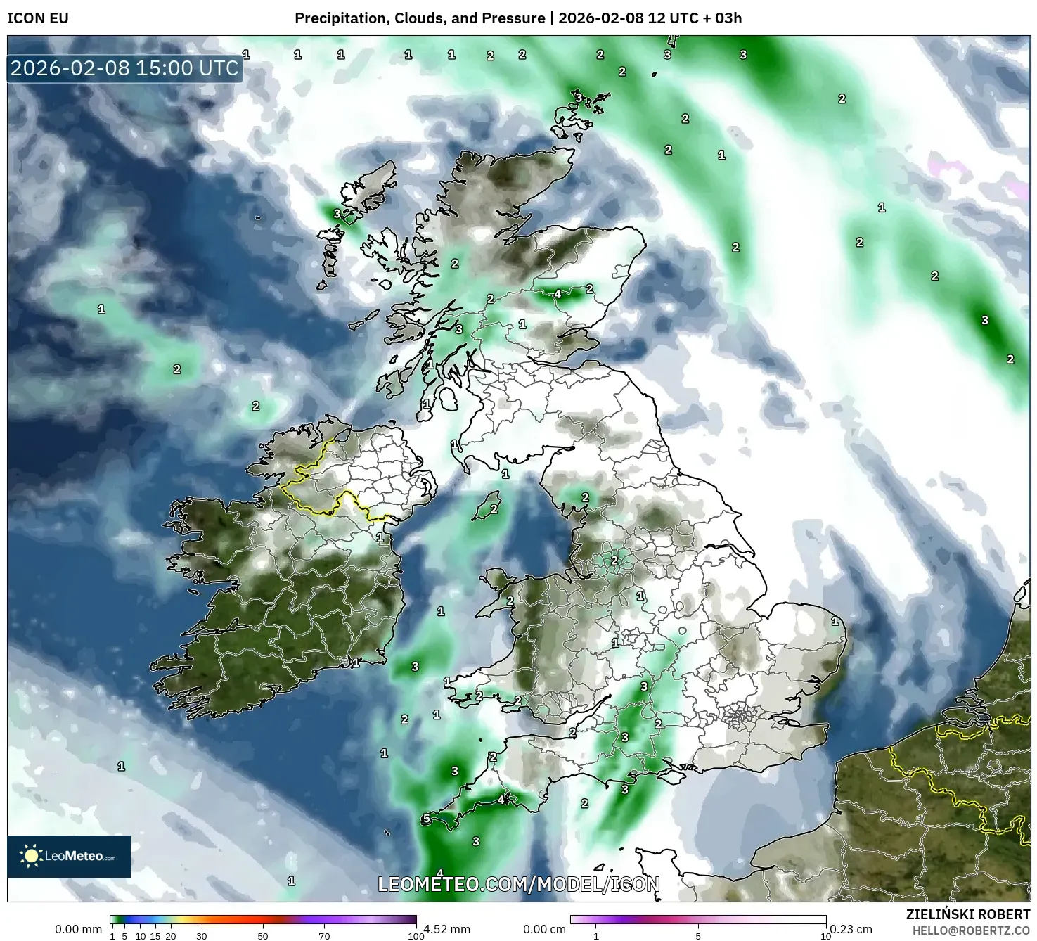 ICON model - United Kingdom, Precipitation, Clouds, and Pressure