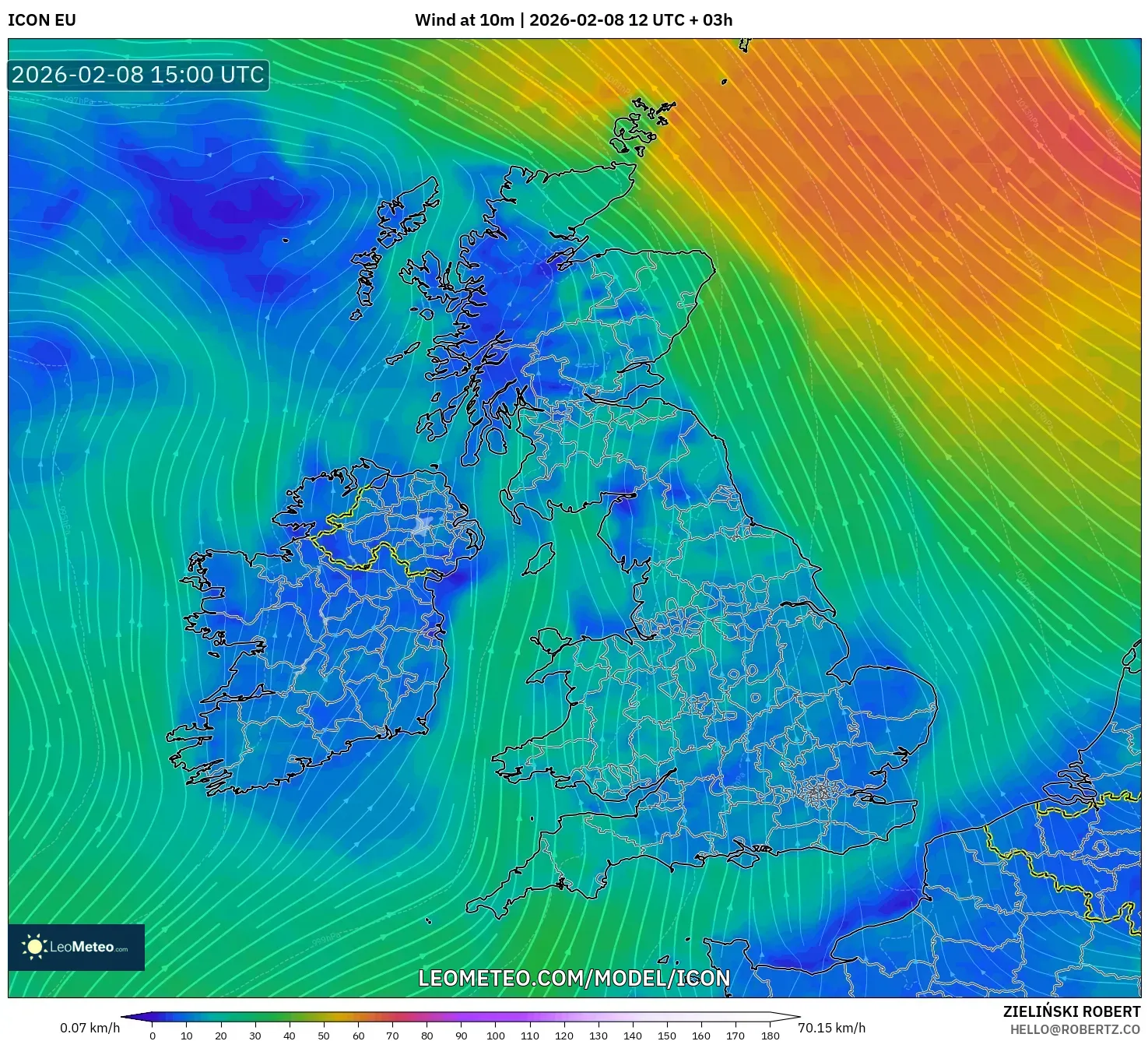 ICON model - United Kingdom, Wind at 10m