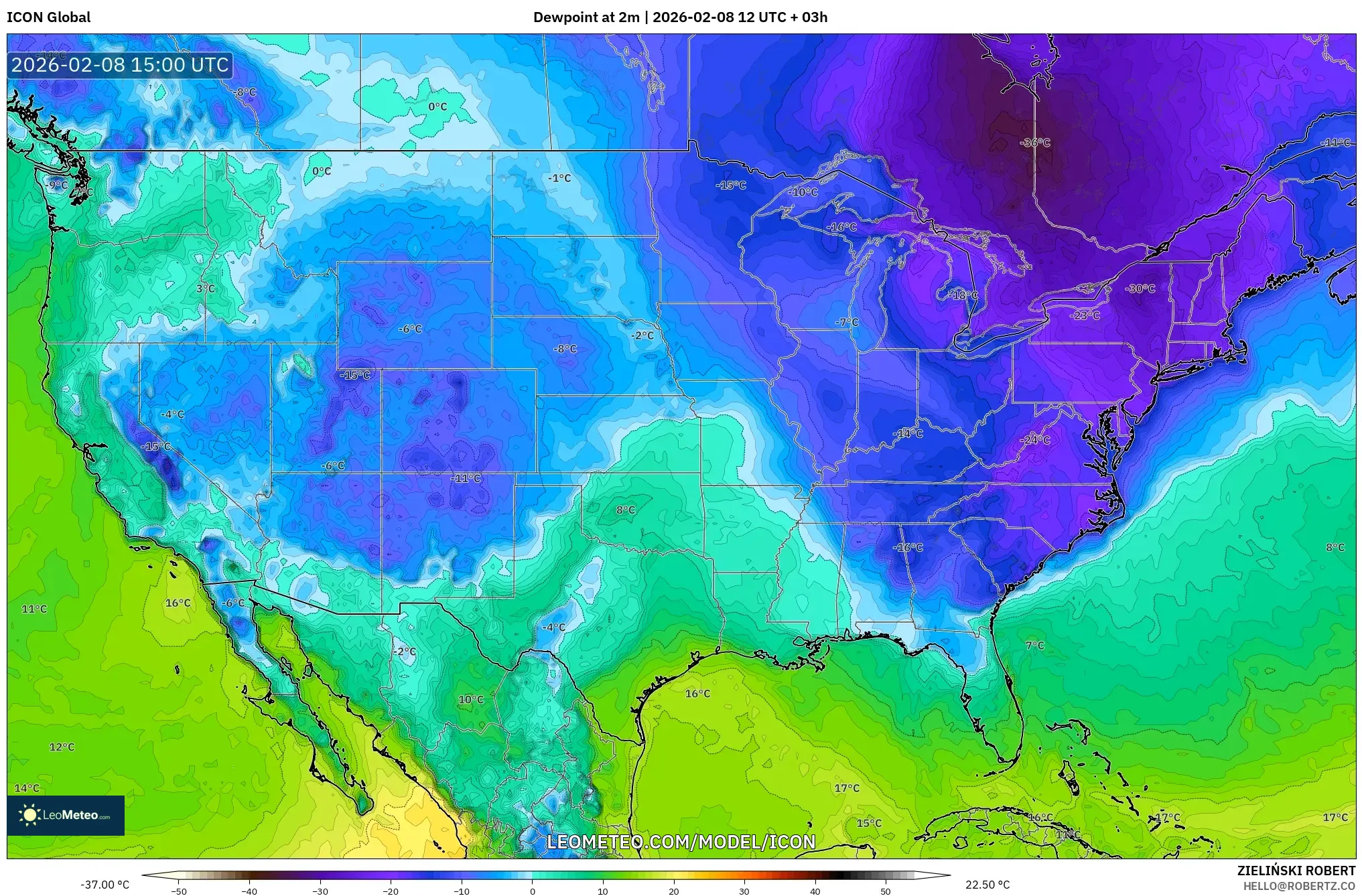 ICON model - United States, Dewpoint at 2m