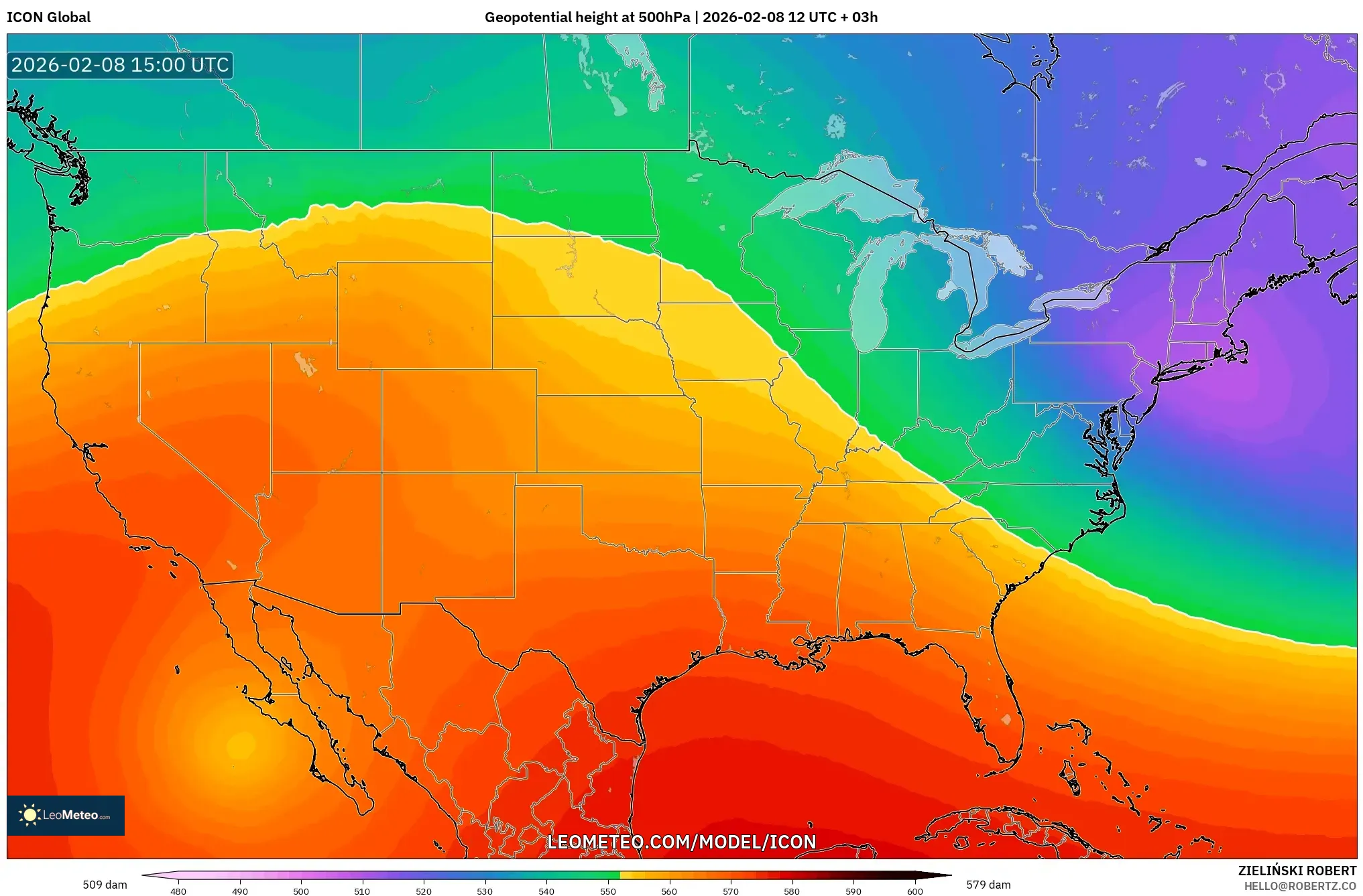 ICON model - United States, Geopotential height at 500hPa
