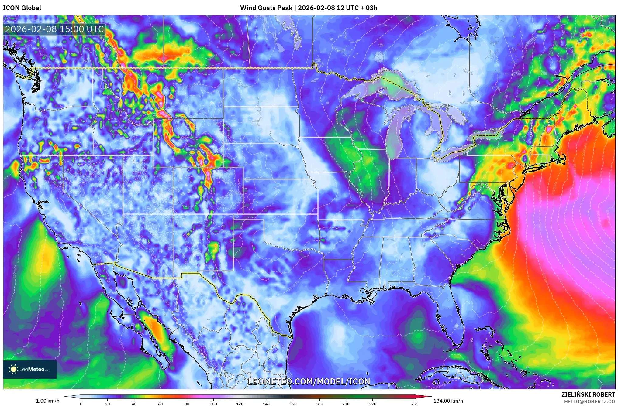 ICON model - United States, Wind Gusts Peak