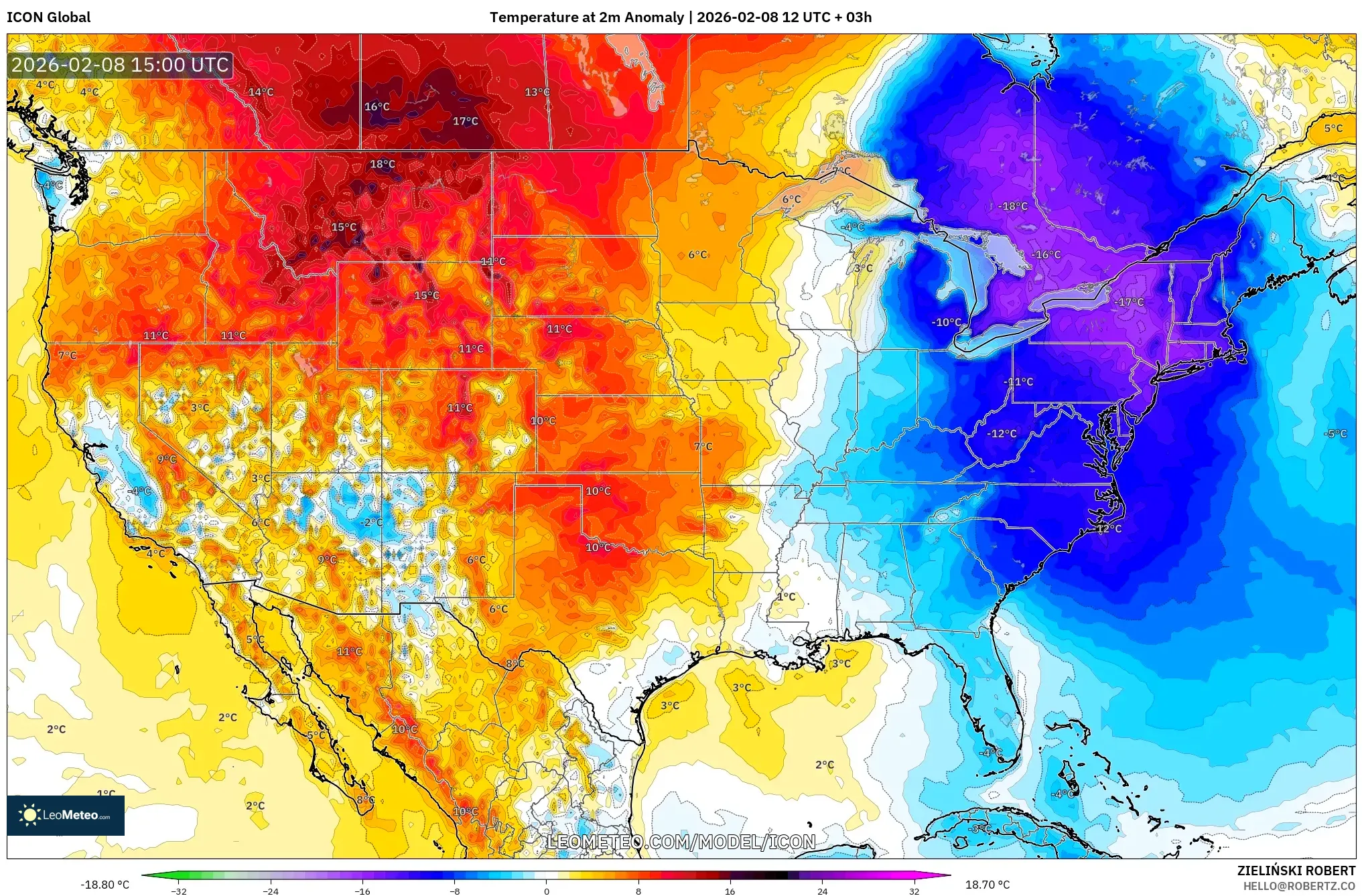 ICON model - United States, Temperature at 2m Anomaly