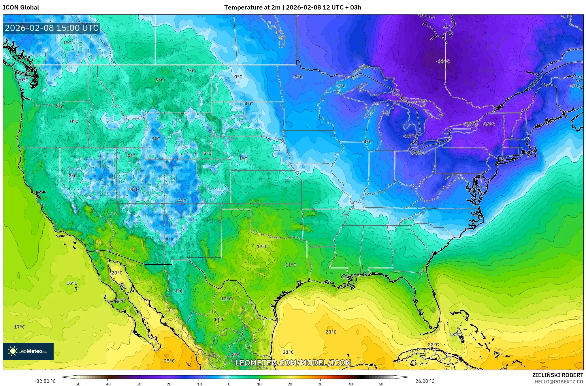 ICON model - United States, Temperature at 2m