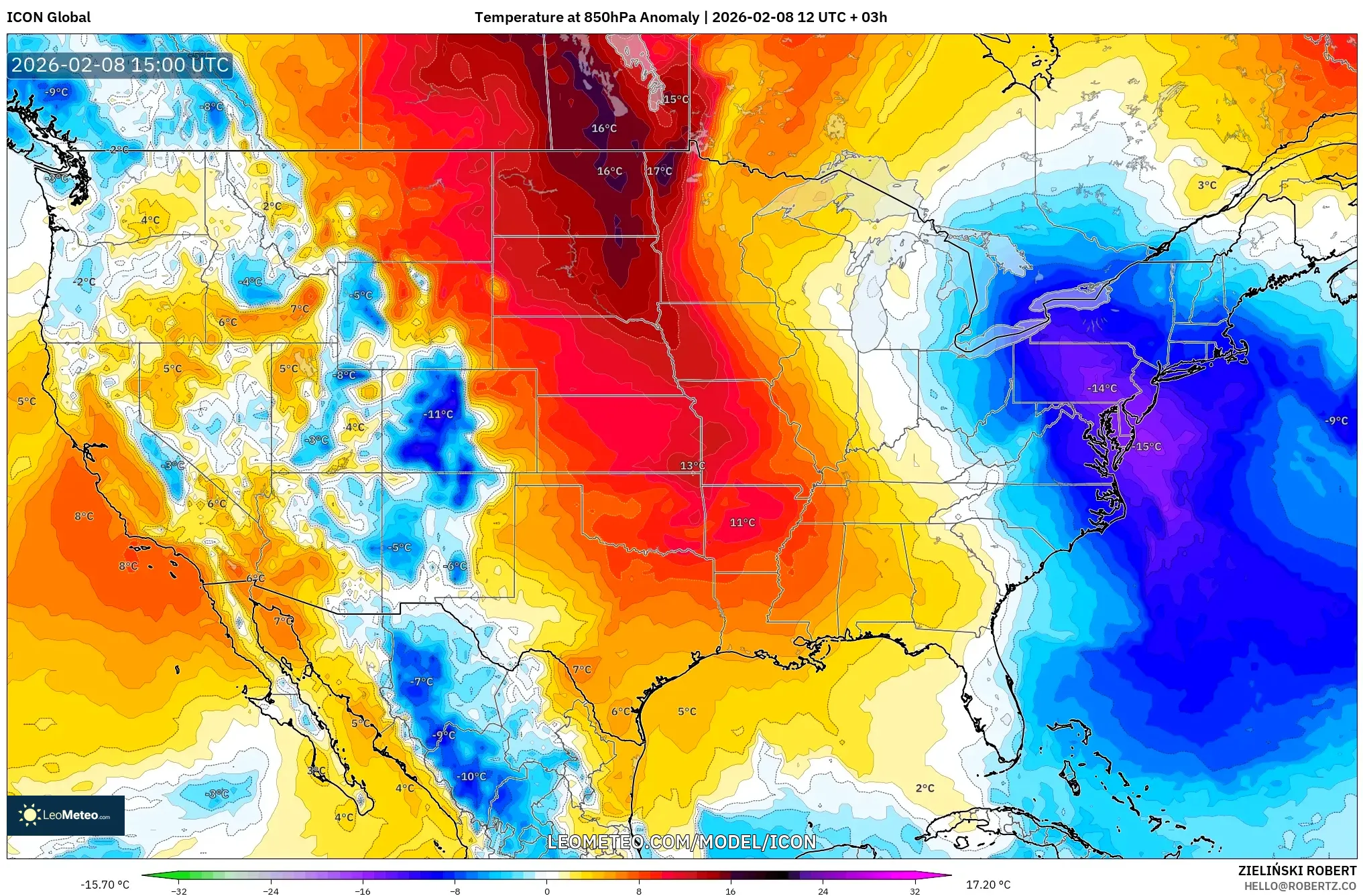 ICON model - United States, Temperature at 850hPa Anomaly